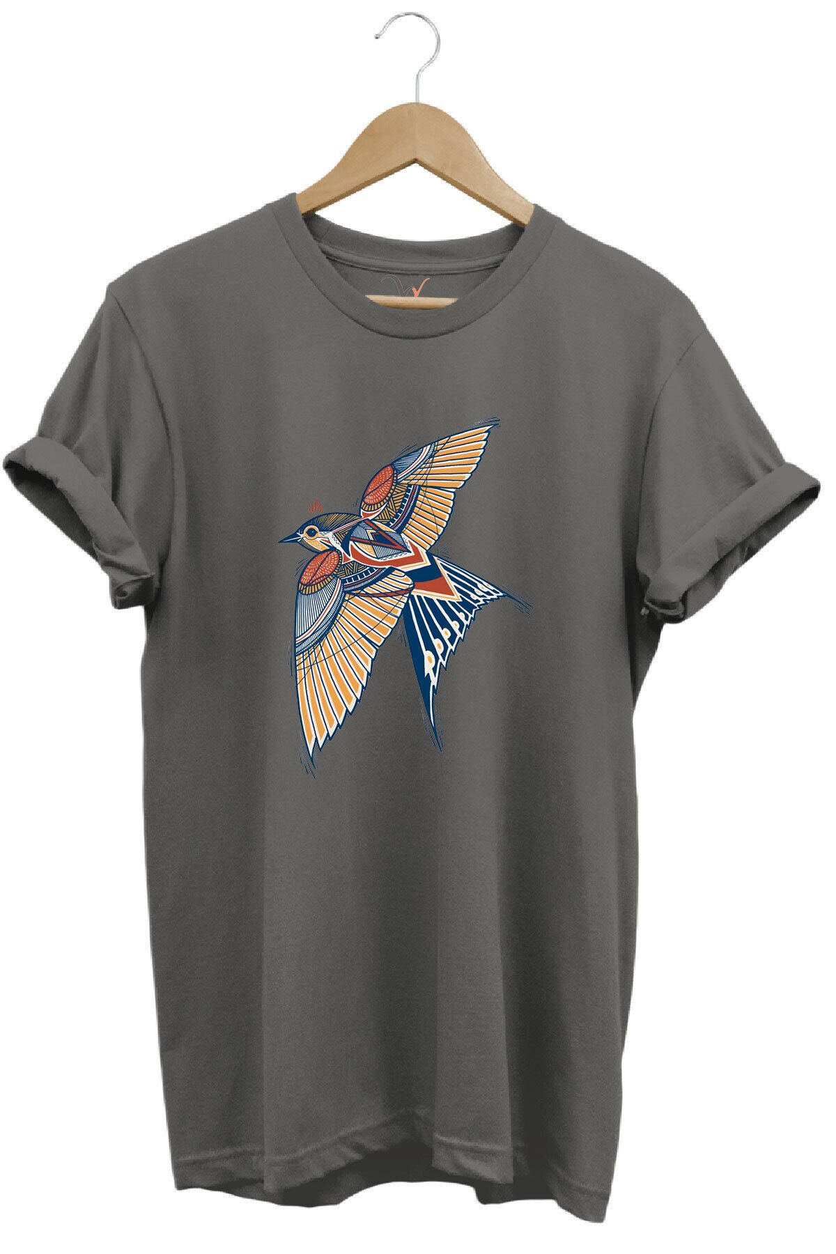 Kırlangıç Kuşu Dekoratif Baskılı %100 Pamuk Regular Fit Unisex T-Shirt Gri - 3XL