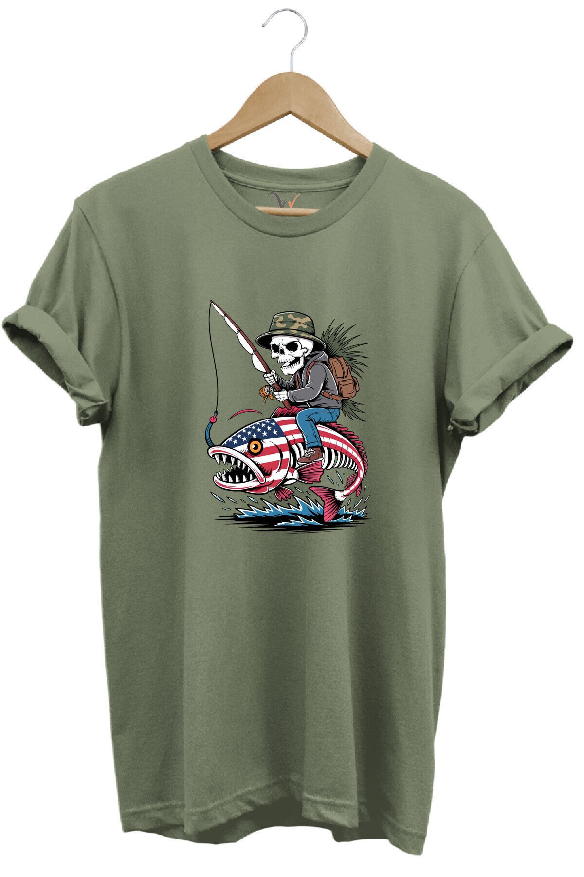 Fishing Balıkçılık Pirana ve İskelet Tasarım Baskılı %100 Pamuk Regular Fit T-Shirt Haki - M