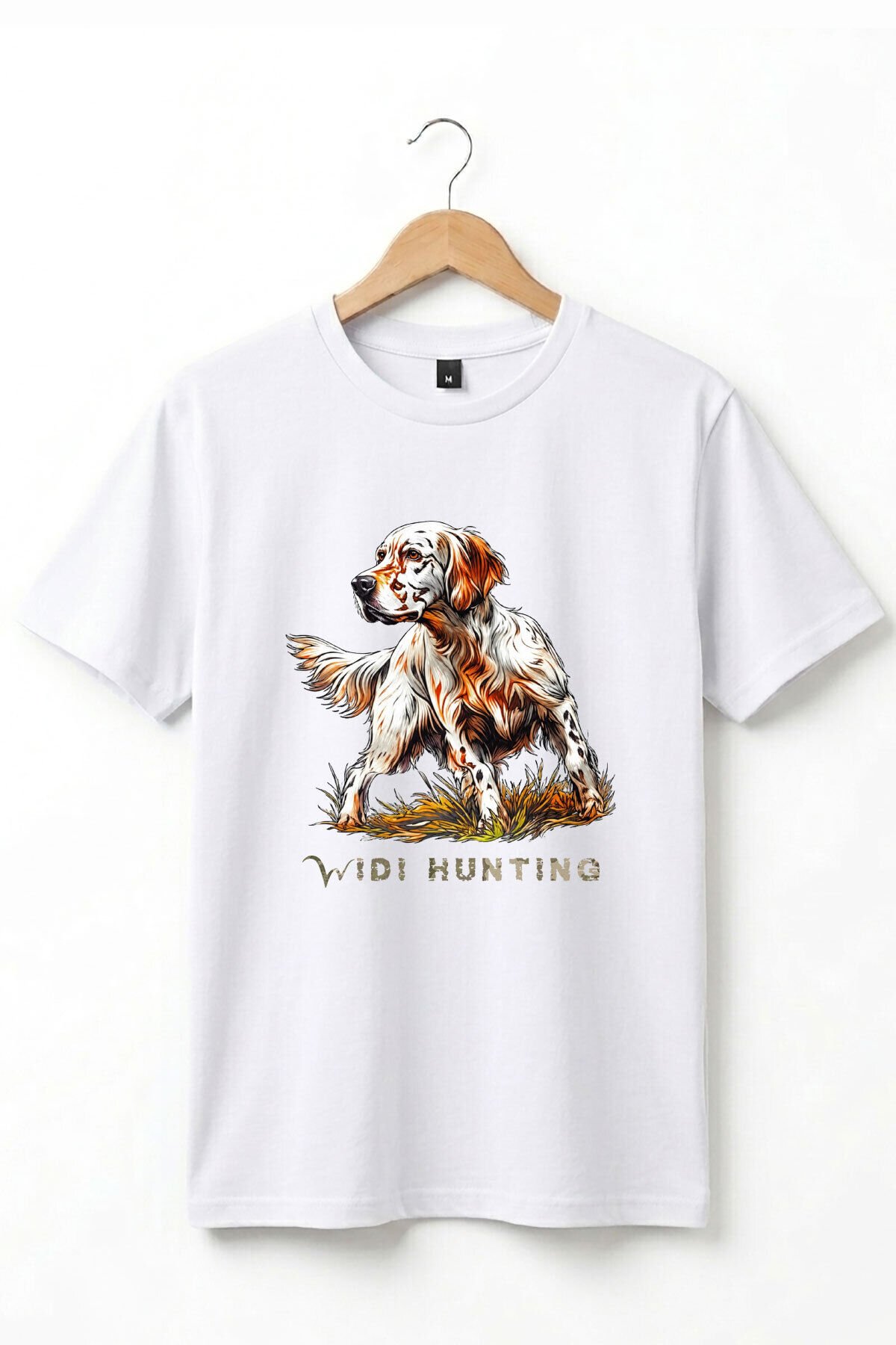 Unisex Hunting English Setter Köpek Baskılı Doğa Temalı Outdoor %100 Pamuk Basic T-Shirt Beyaz - XL