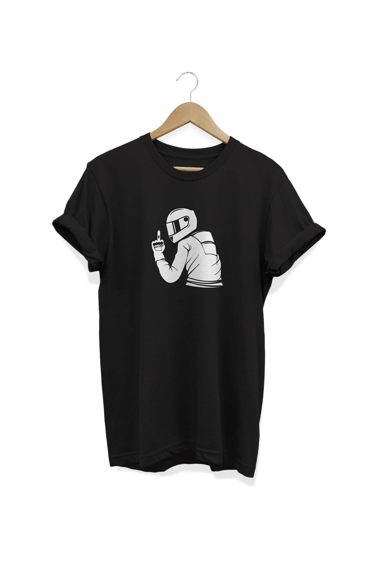 Motorcu Baskılı Siyah T-shirt