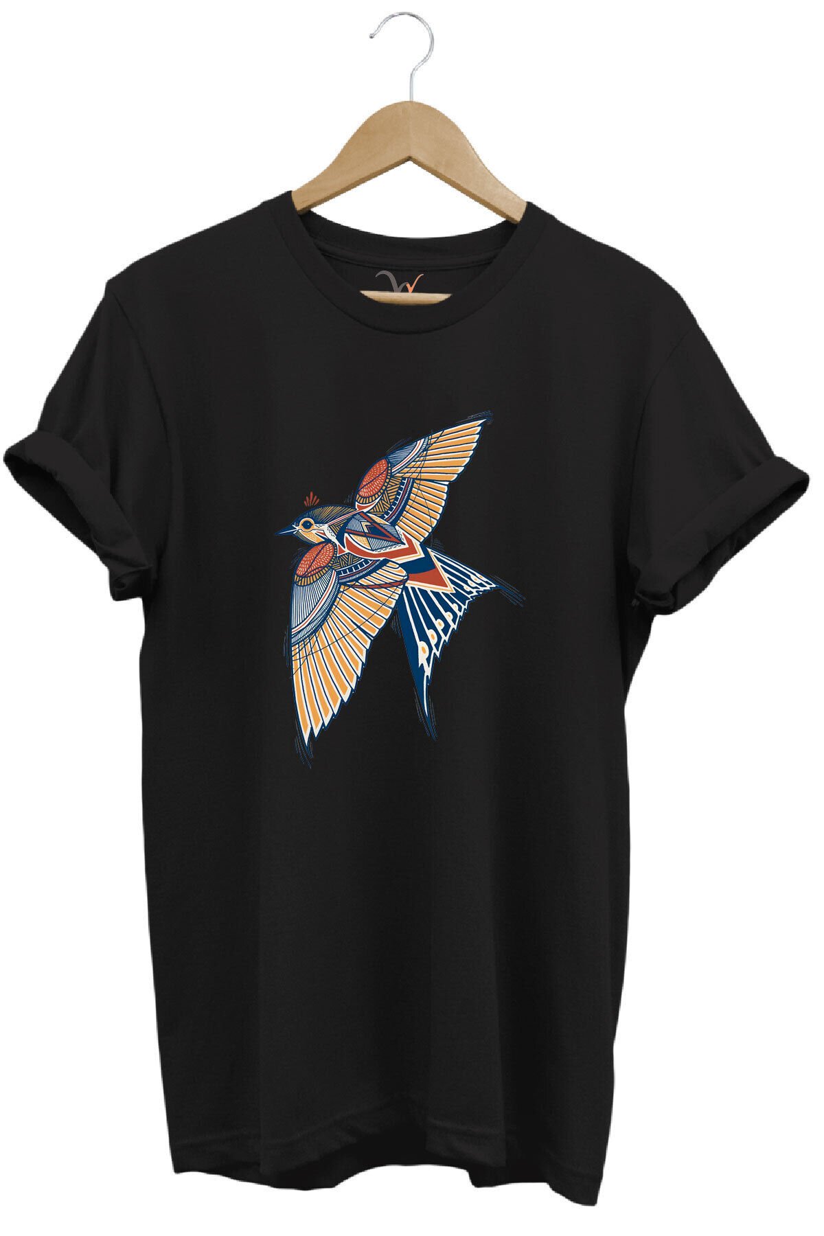 Kırlangıç Kuşu Dekoratif Baskılı %100 Pamuk Regular Fit Unisex T-Shirt Siyah - L