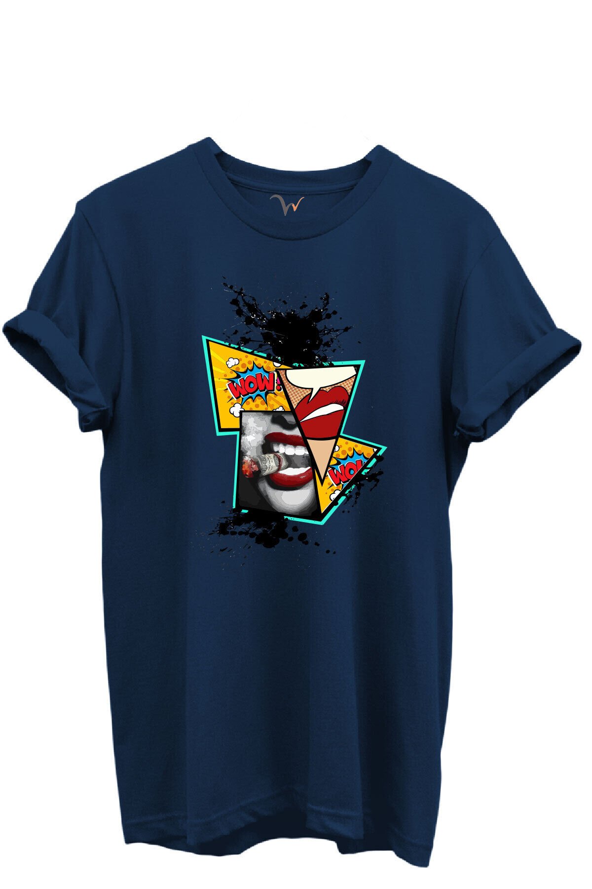 Pop Art Dudak ve Çizgi Roman Baskılı WOW Temalı %100 Pamuk Regular Fit Unisex T-Shirt Lacivert - M