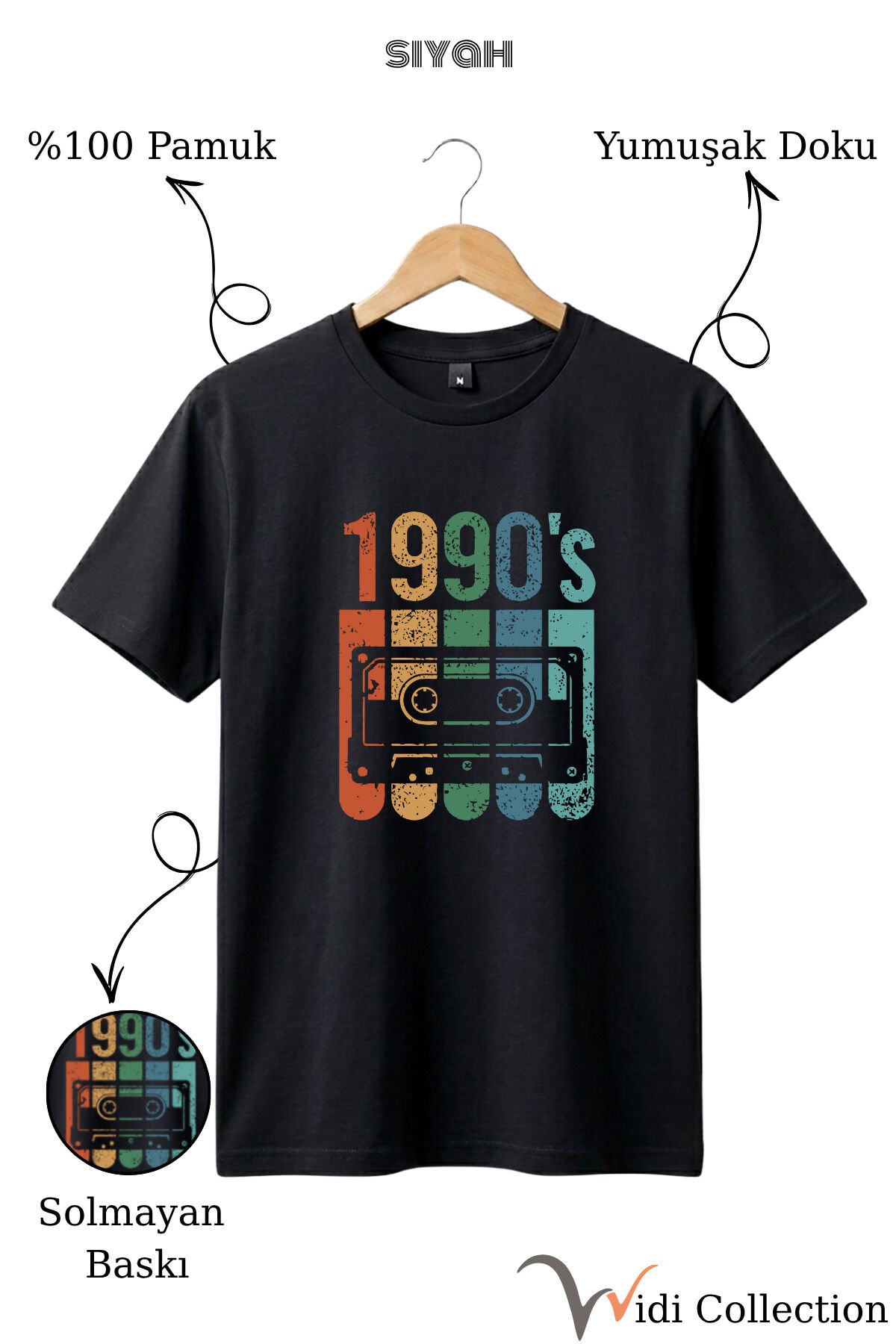 Vintage Retro 1990's Baskılı Kaset %100 Pamuk Regular Fit Bisiklet Yaka T-shirt Siyah - XL