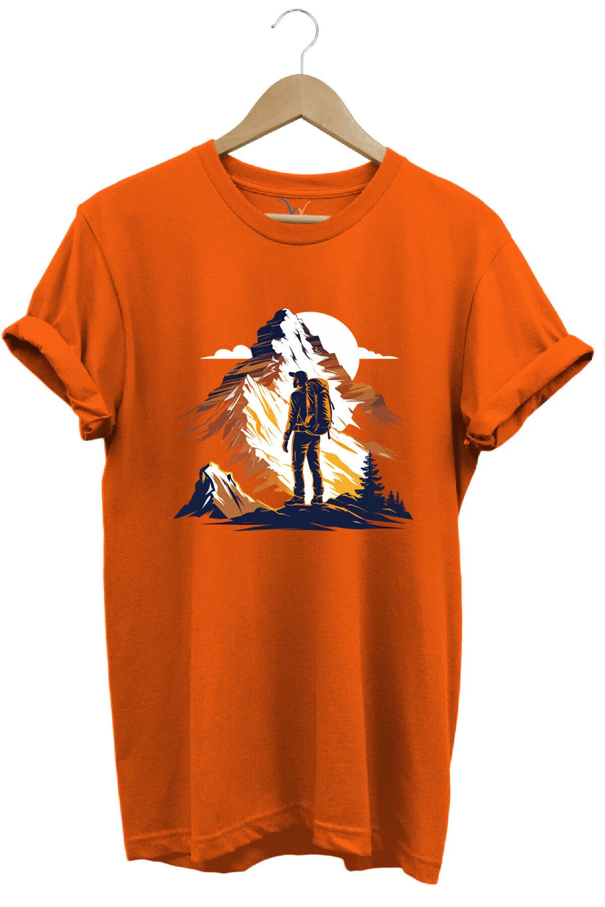 Mountain Dağ Yürüyüşü ve Kar Manzara Baskılı %100 Pamuk Unisex Regular Fit T-Shirt Turuncu - S