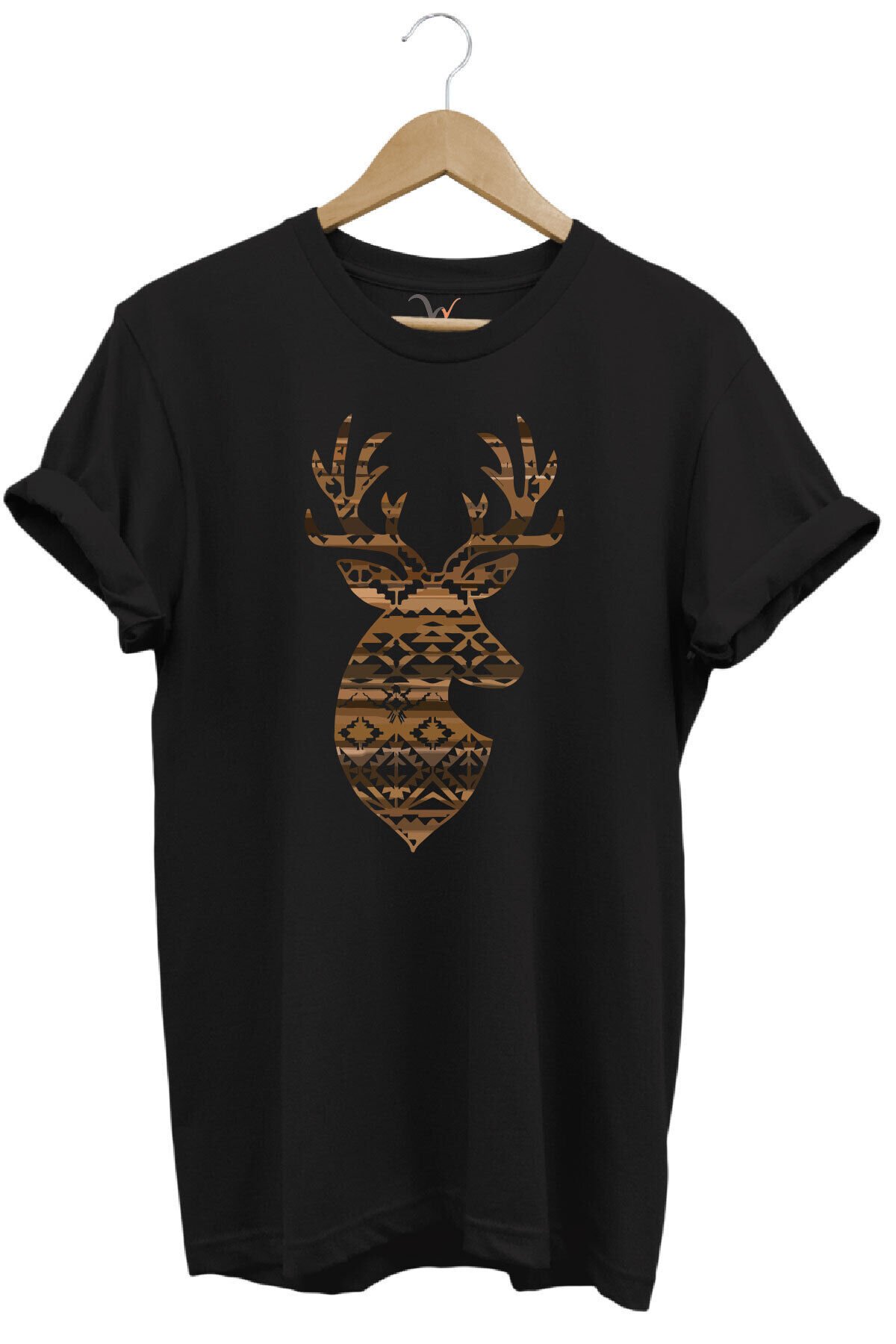 Avcılık Mozaik Desenli Geyik Tasarım Baskılı %100 Pamuk Regular Fit Bisiklet Yaka Premium T-Shirt Siyah - L