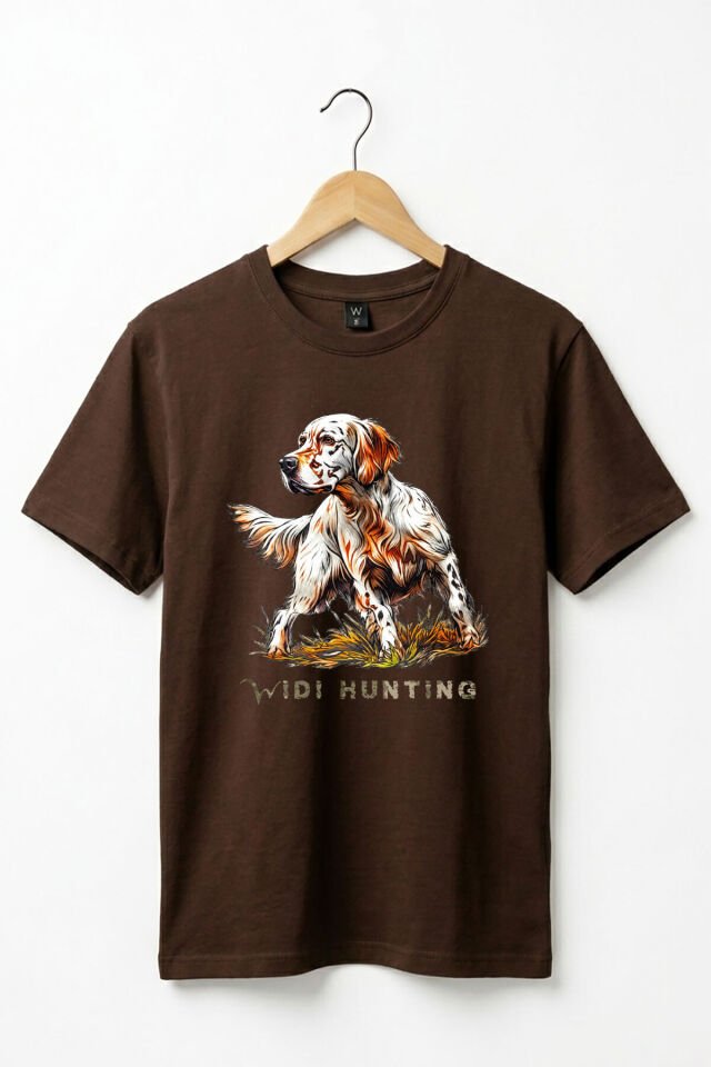 Unisex Hunting English Setter Köpek Baskılı Doğa Temalı Outdoor %100 Pamuk Basic T-Shirt Koyu Kahverengi - 2XL