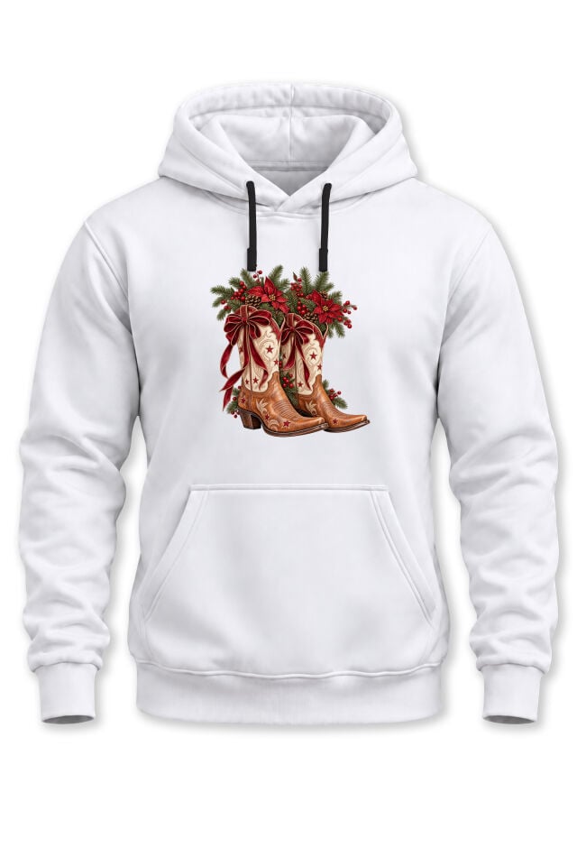 Unisex Yılbaşı Temalı Kovboy Çizmesi ve Çam Ağacı Baskılı Kapüşonlu Sweatshirt Hoodie