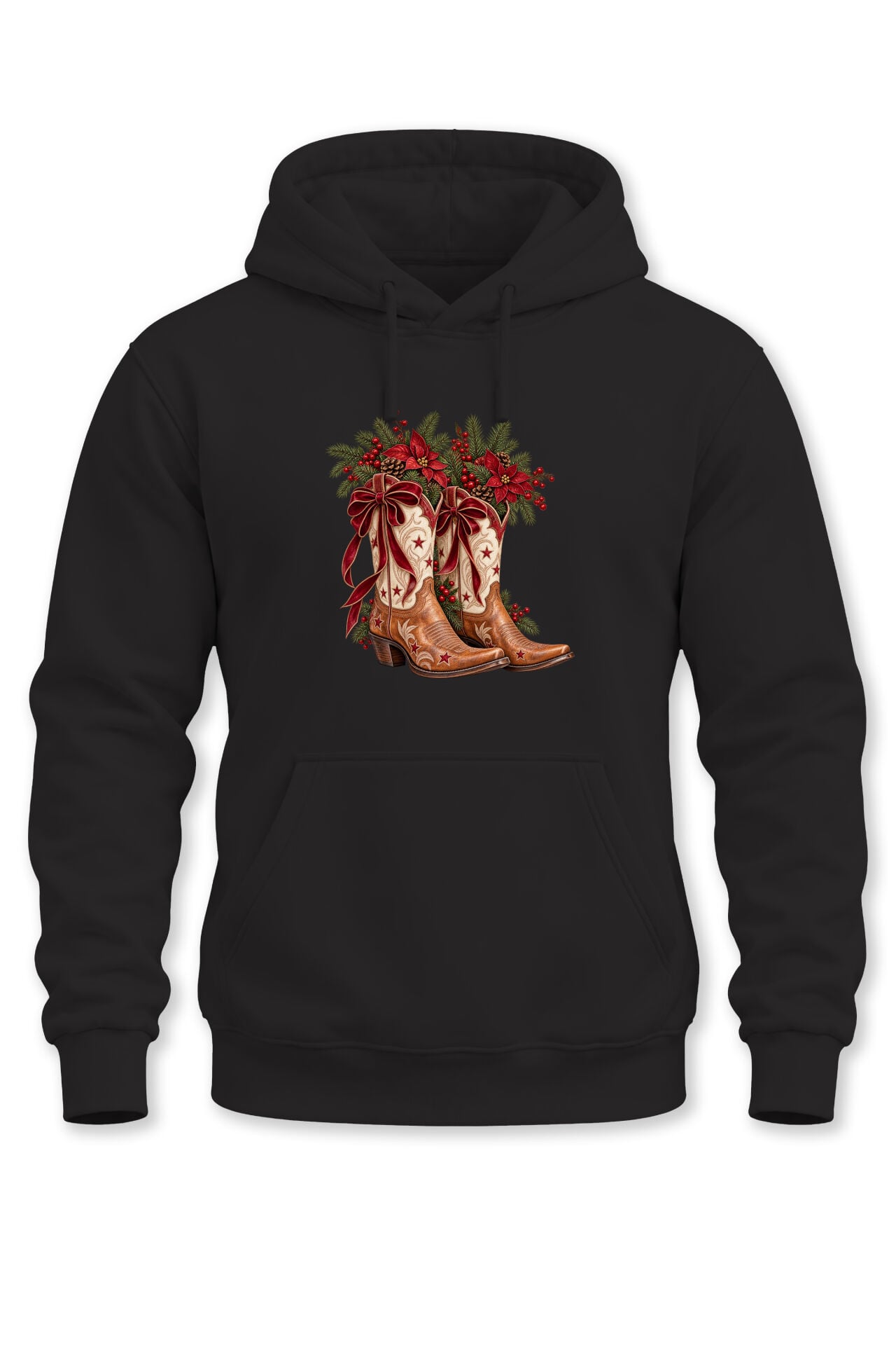 Unisex Yılbaşı Temalı Kovboy Çizmesi ve Çam Ağacı Baskılı Kapüşonlu Sweatshirt Hoodie