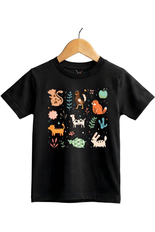 Çizgi Hayvan Figürleri Baskılı Regular Fit %100 Pamuk Kısa Kollu Çocuk T-shirt Siyah - 7-8 Yaş