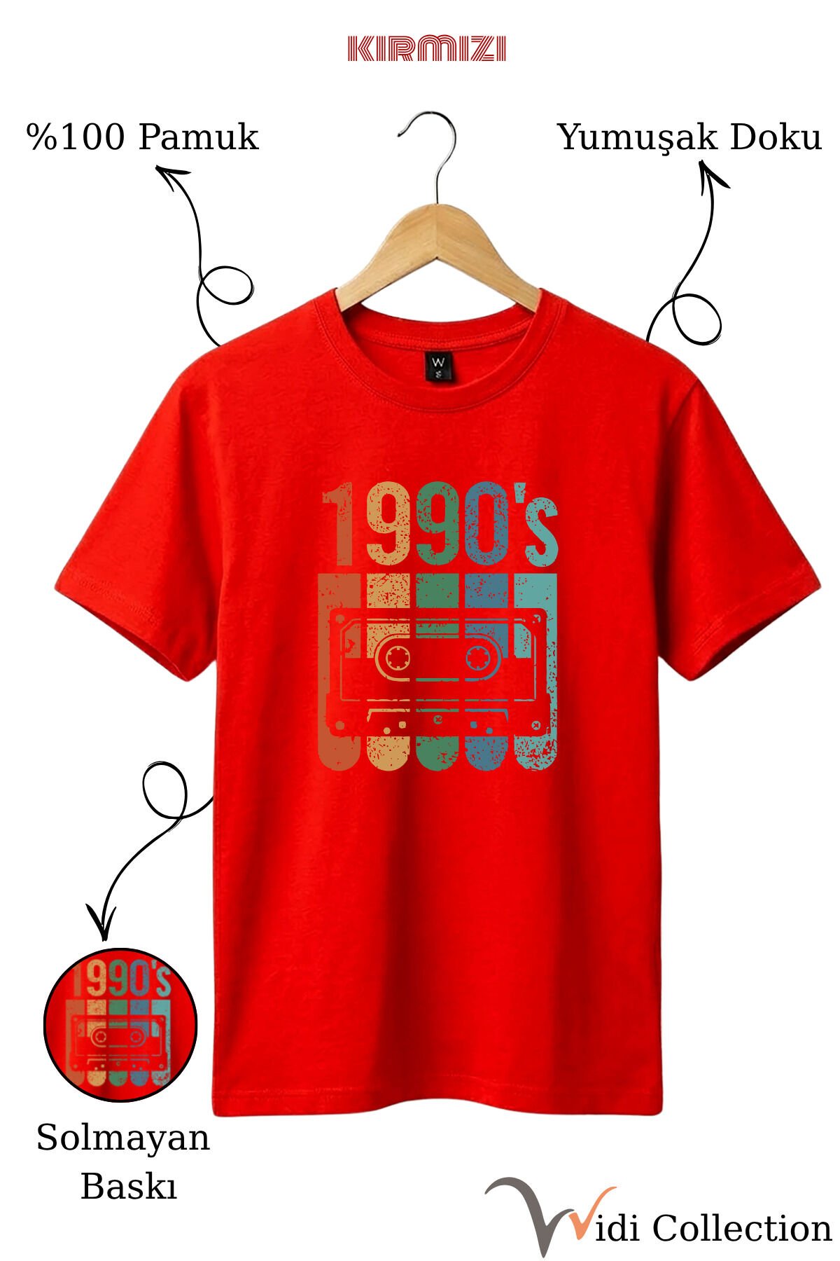 Vintage Retro 1990's Baskılı Kaset %100 Pamuk Regular Fit Bisiklet Yaka T-shirt Kırmızı - 2XL