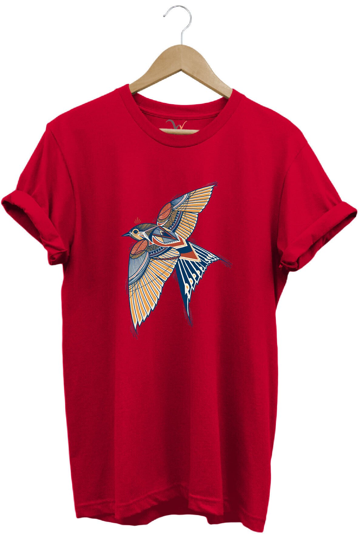 Kırlangıç Kuşu Dekoratif Baskılı %100 Pamuk Regular Fit Unisex T-Shirt Kırmızı - L