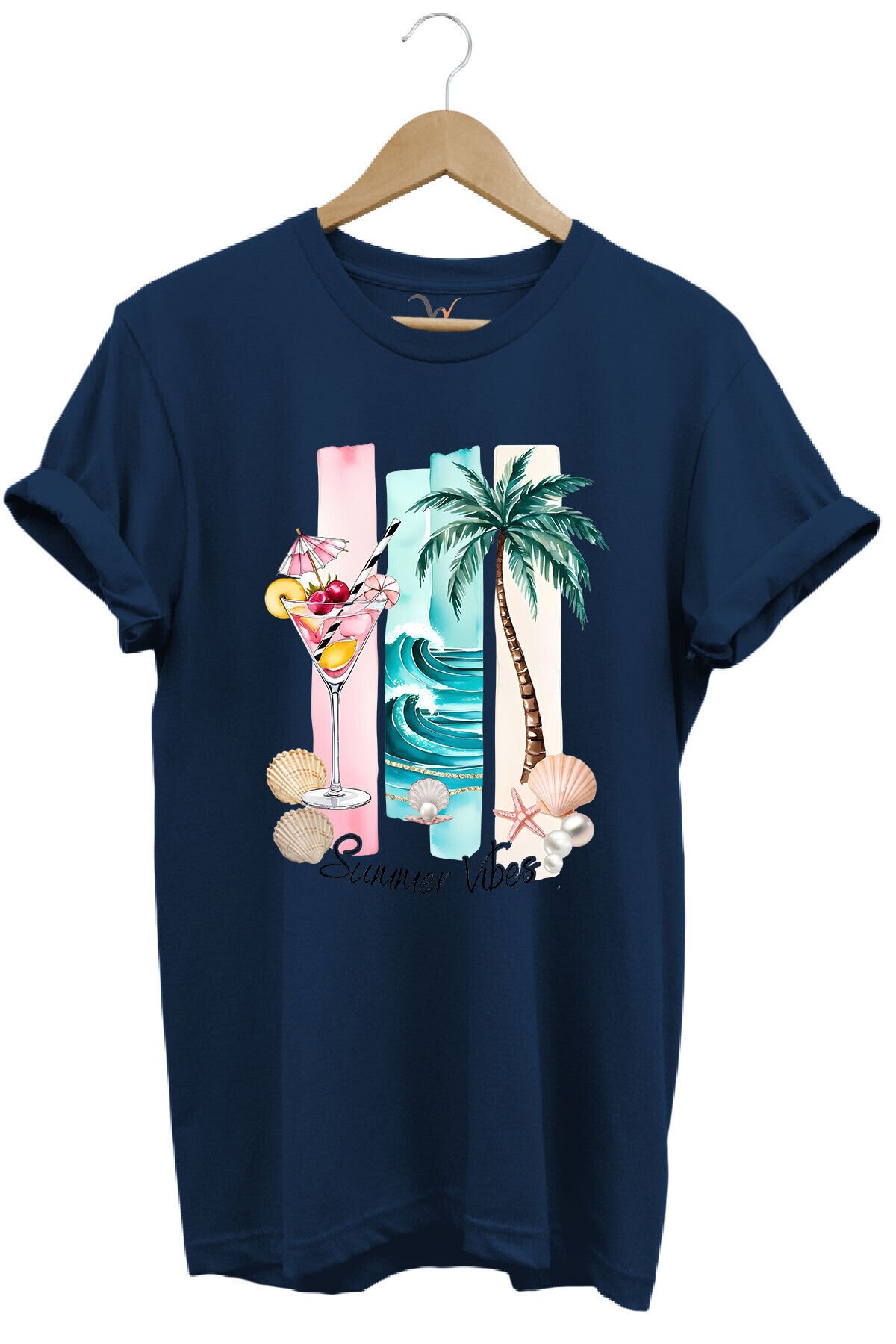 Summer Vibes Yaz Temalı Kokteyl, Palmiye ve Deniz Desenli %100 Pamuk Regular Fit T-Shirt Lacivert - 3XL
