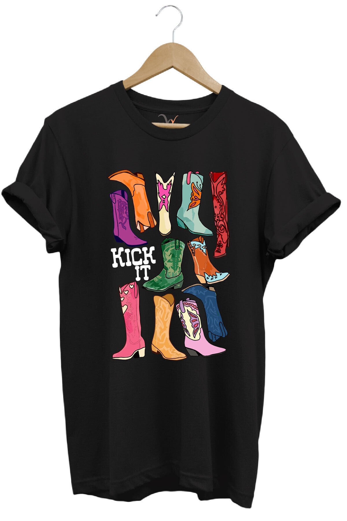 Unisex Cowgirl Kovboy Çizme Baskılı %100 Pamuk Regular Fit Bisiklet Yaka Turuncu T-shirt Siyah - L