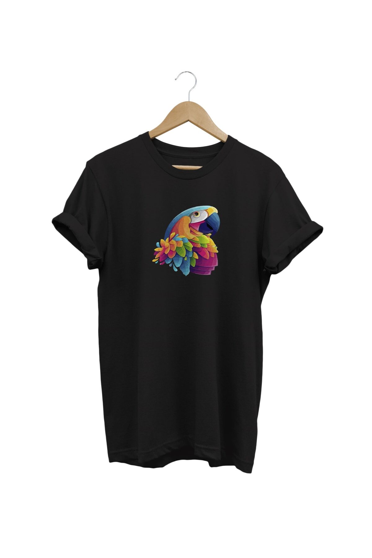 Papağan Baskılı Siyah T-shirt