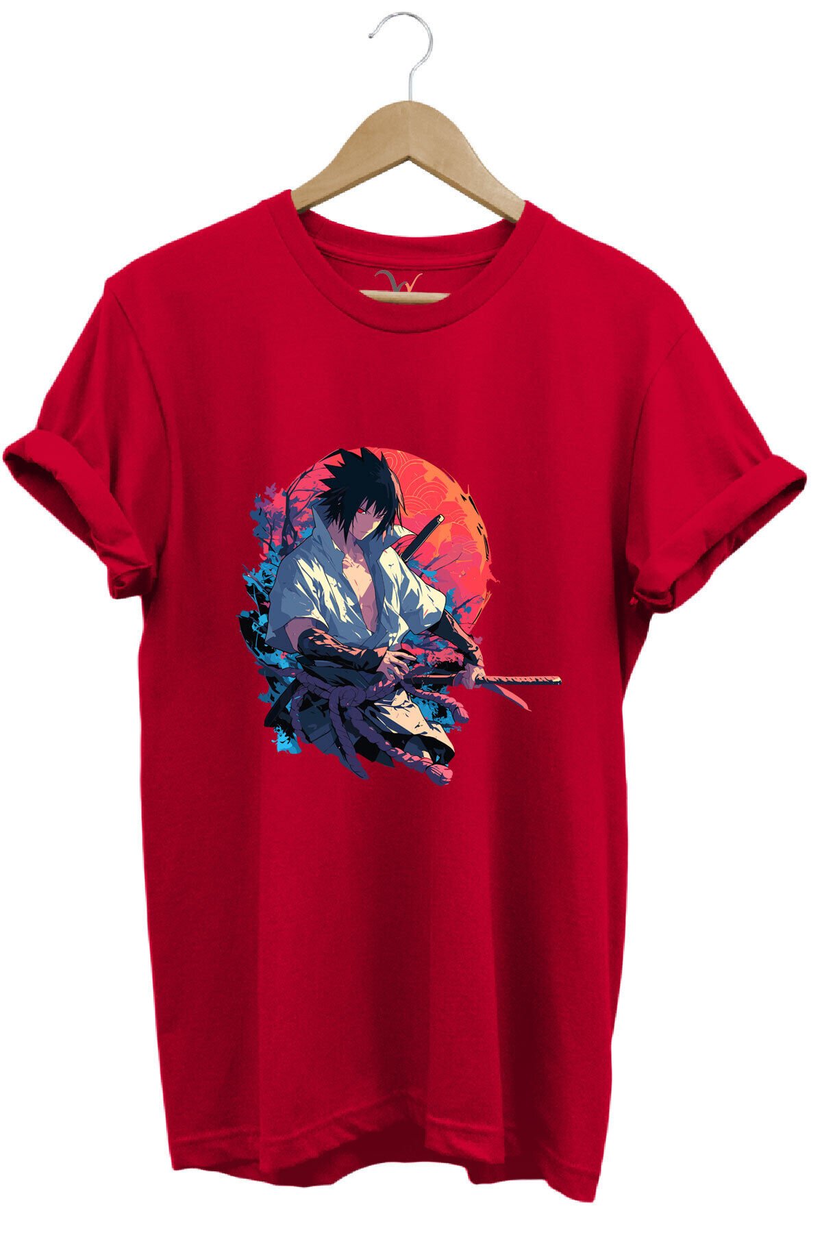 Unisex Anime Mangası Streetwear Baskılı Şık Tasarımlı %100 Pamuk Bisiklet Yaka Lacivert T-shirt Kırmızı - XL