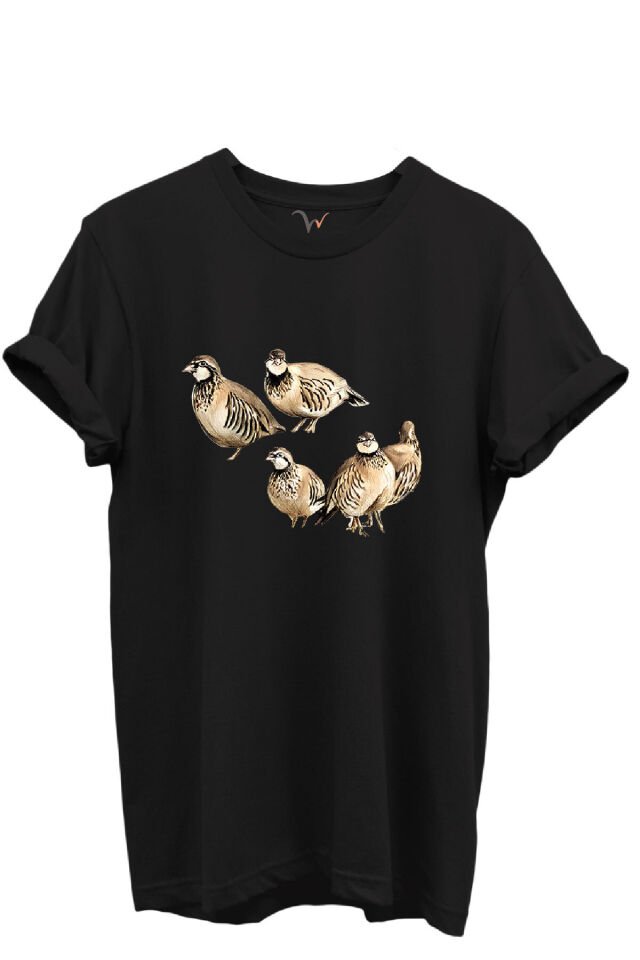 Beşli Keklik Baskılı Doğa ve Av Temalı %100 Pamuk Regular Fit Unisex T-Shirt Siyah - M