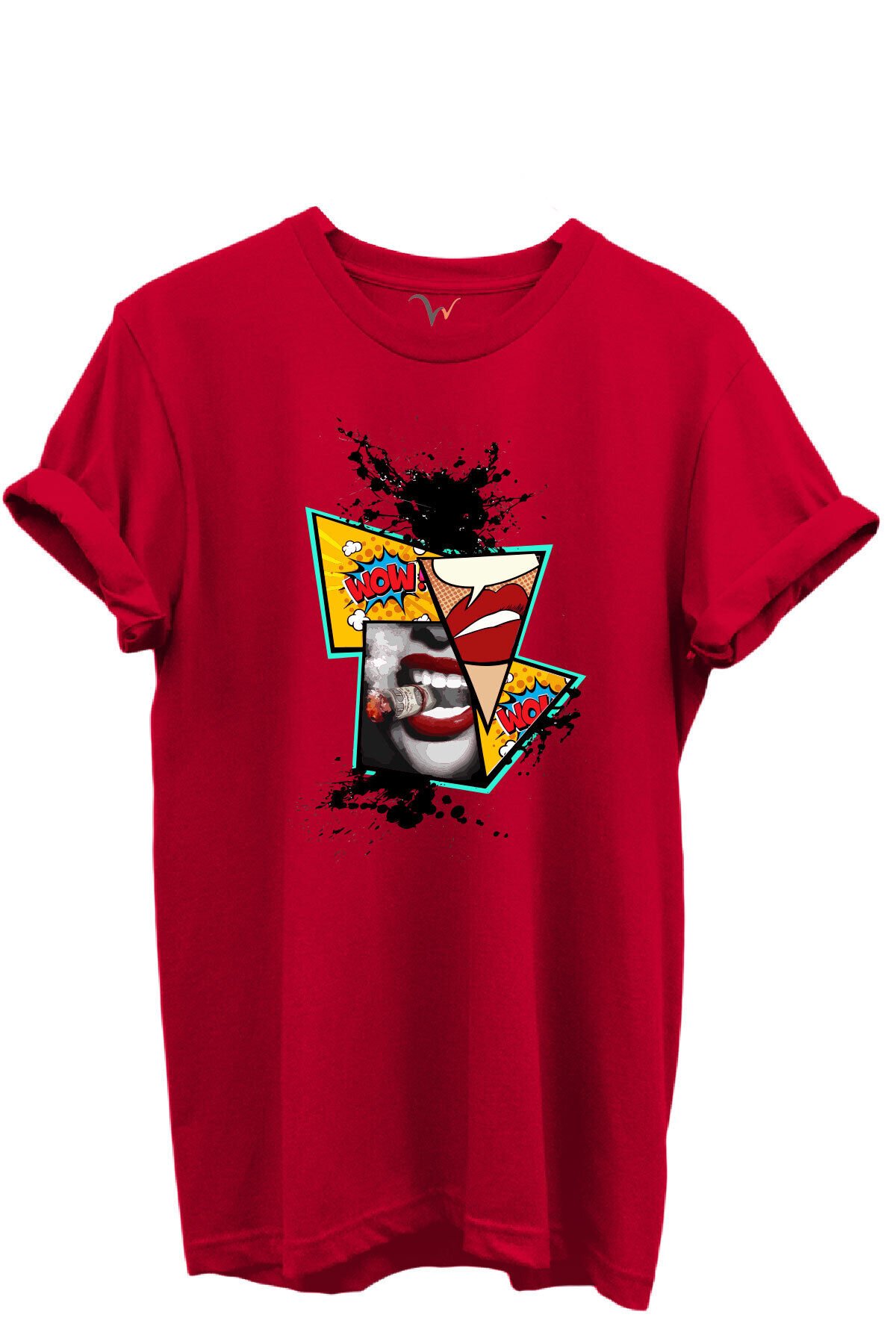 Pop Art Dudak ve Çizgi Roman Baskılı WOW Temalı %100 Pamuk Regular Fit Unisex T-Shirt Kırmızı - 3XL