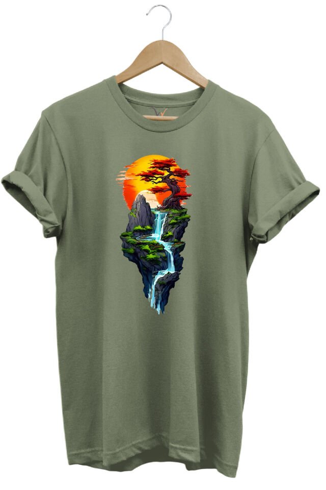 Manzara Ağaç Güneş Dağ Ve Nehir Baskılı %100 Pamuk Regular Fit Bisiklet Yaka Haki T-shirt Haki - S