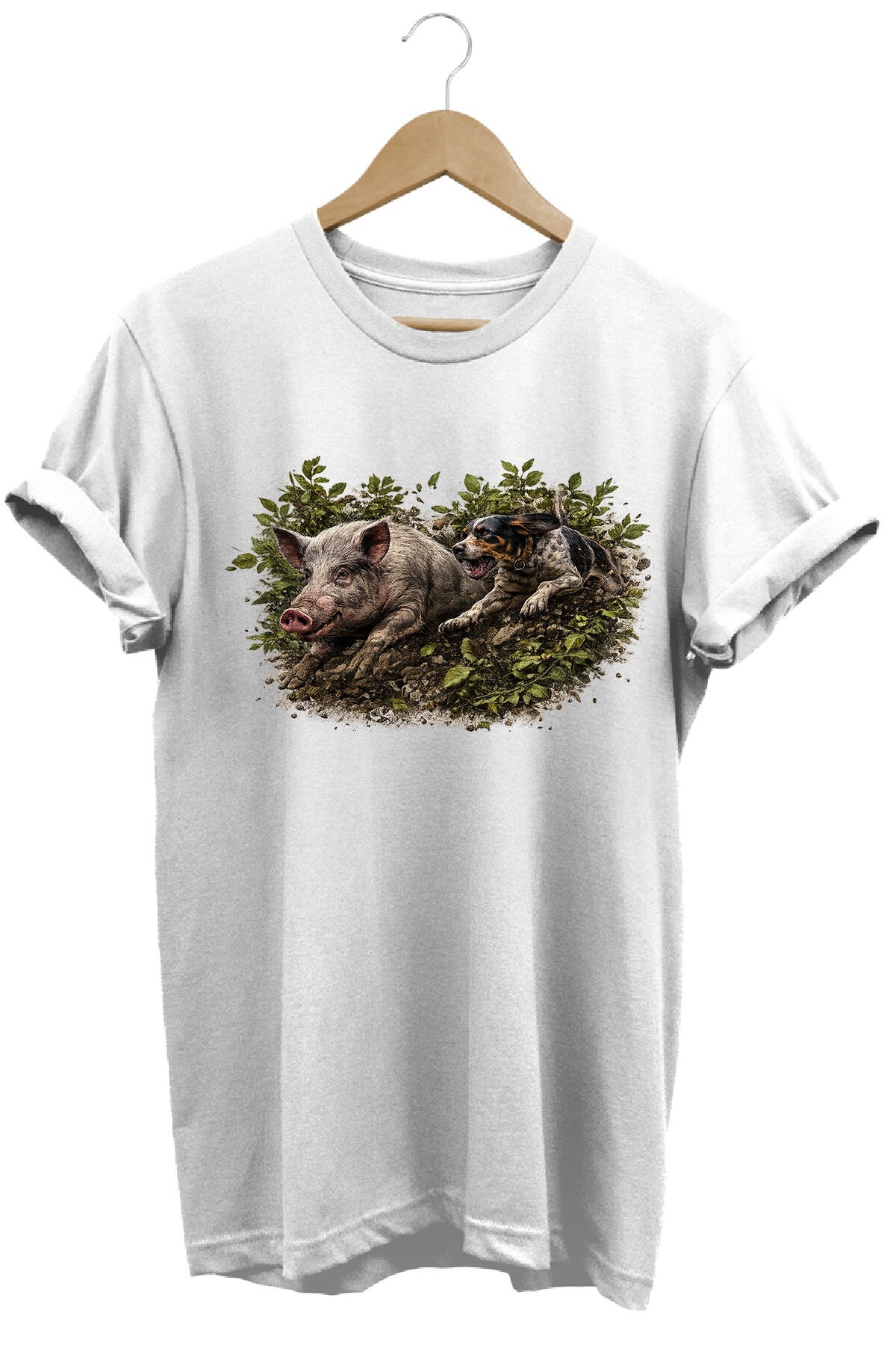 Yaban Domuzu ve İz Sürücü Köpek Baskılı Arazi Tişörtü Outdoor Giyim Beyaz - 2XL