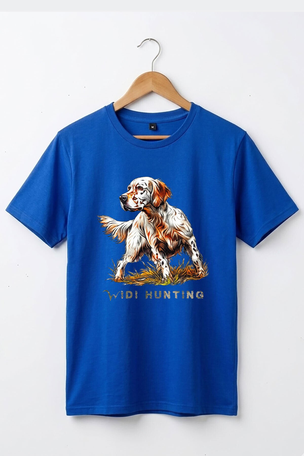 Unisex Hunting English Setter Köpek Baskılı Doğa Temalı Outdoor %100 Pamuk Basic T-Shirt Mavi - M