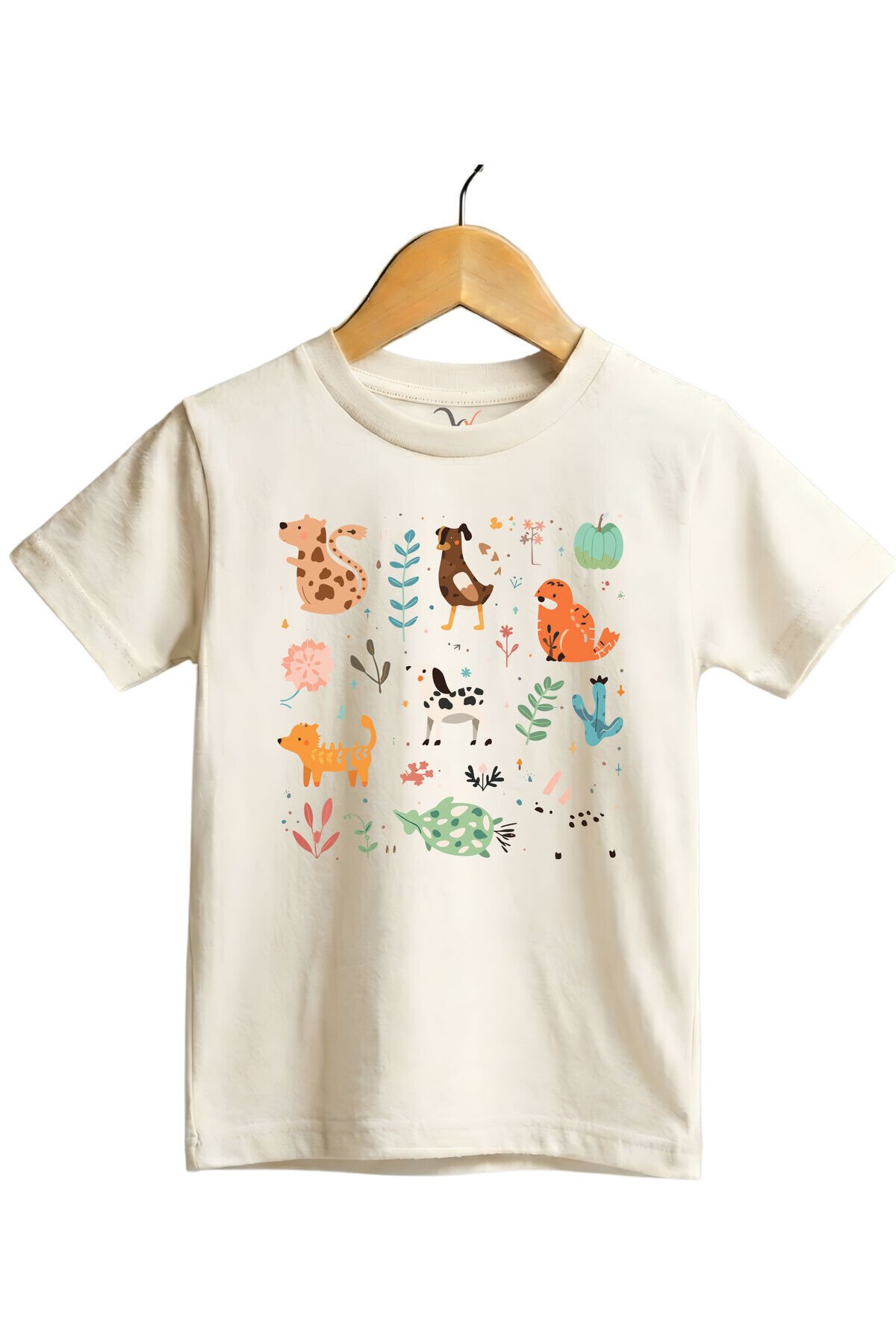 Çizgi Hayvan Figürleri Baskılı Regular Fit %100 Pamuk Kısa Kollu Çocuk T-shirt Ekru - 9-10 Yaş