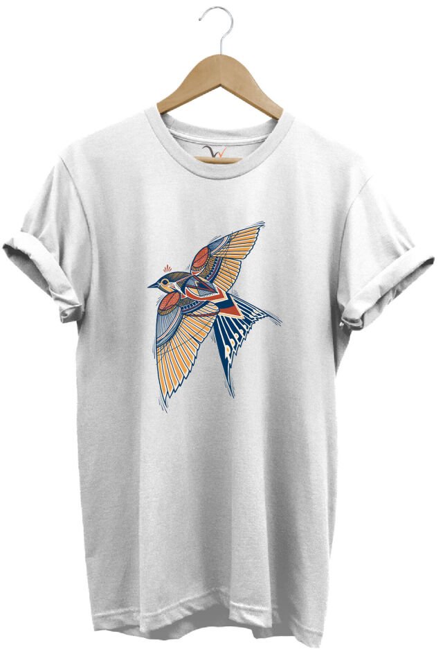 Kırlangıç Kuşu Dekoratif Baskılı %100 Pamuk Regular Fit Unisex T-Shirt Beyaz - 2XL