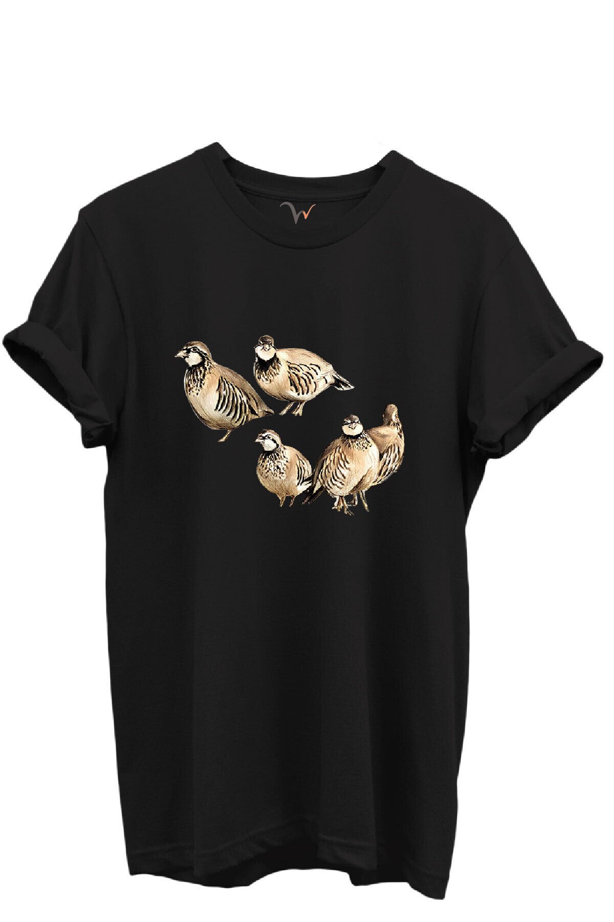 Beşli Keklik Baskılı Doğa ve Av Temalı %100 Pamuk Regular Fit Unisex T-Shirt Siyah - 5XL