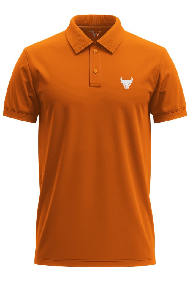 Boğa Baskılı Minimal Şık Tasarım %100 Pamuk Regular Fit Polo Yaka Beyaz T-shirt Turuncu - 3XL