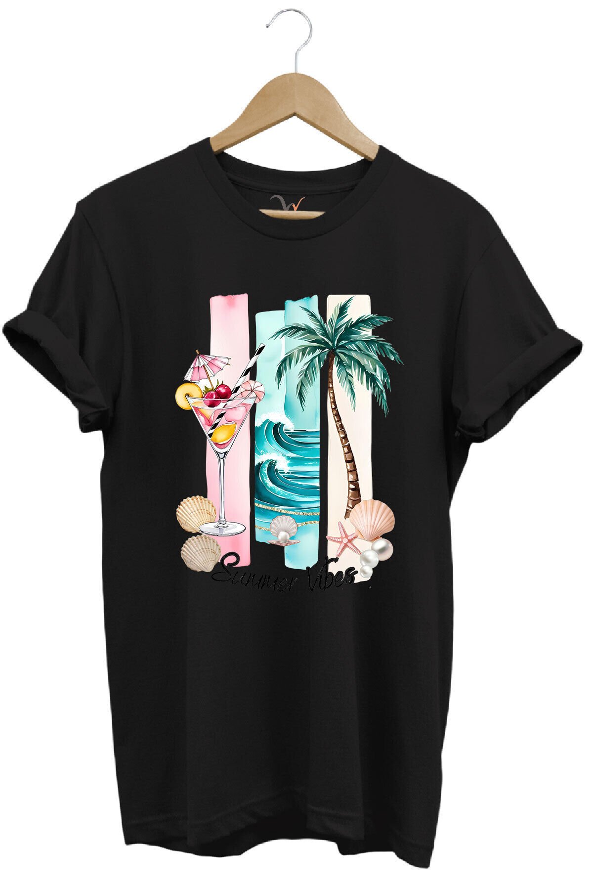 Summer Vibes Yaz Temalı Kokteyl, Palmiye ve Deniz Desenli %100 Pamuk Regular Fit T-Shirt Siyah - 4XL