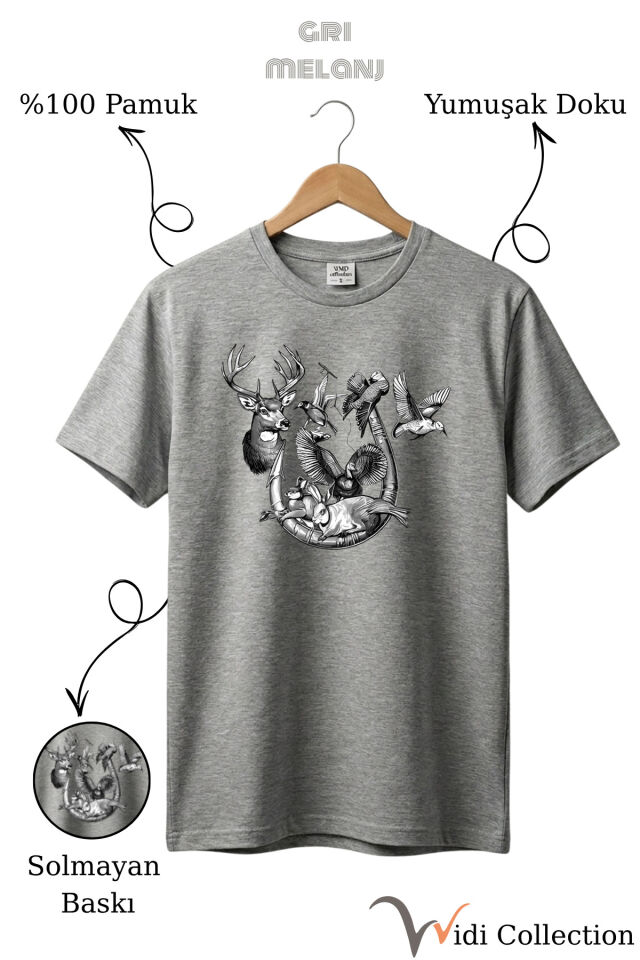 Kurt ve Köpek Figürlü Doğa Temalı %100 Pamuk Unisex Regular Fit T-Shirt