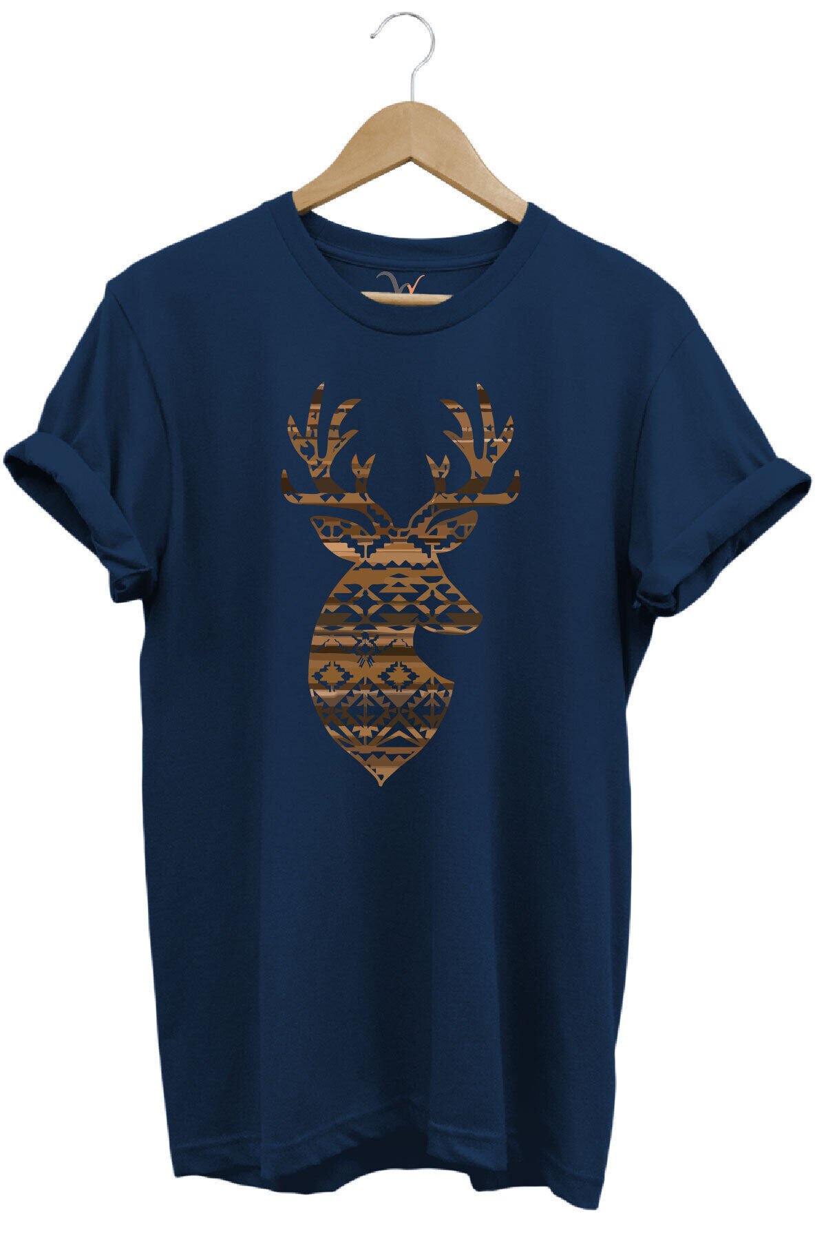 Avcılık Mozaik Desenli Geyik Tasarım Baskılı %100 Pamuk Regular Fit Bisiklet Yaka Premium T-Shirt Lacivert - M