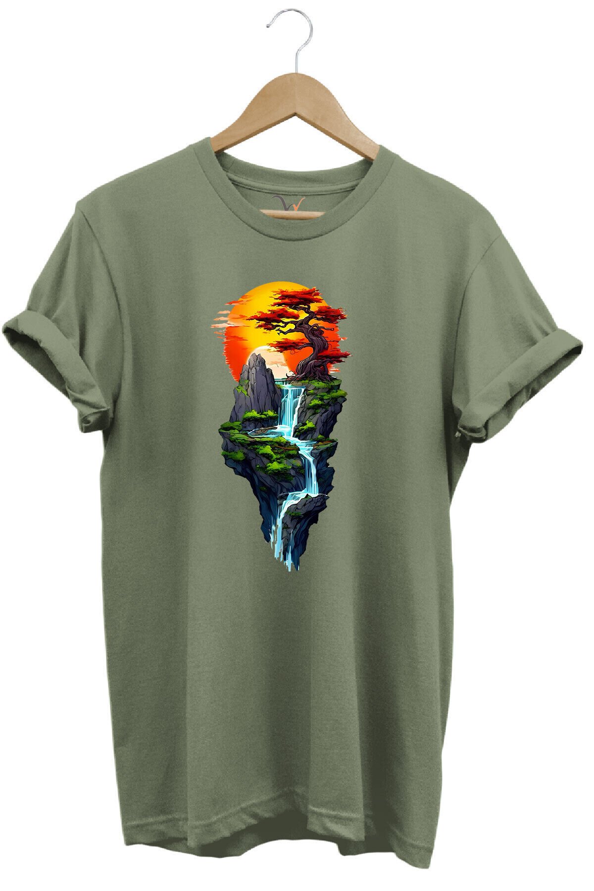 Manzara Ağaç Güneş Dağ Ve Nehir Baskılı %100 Pamuk Regular Fit Bisiklet Yaka Haki T-shirt Haki - L