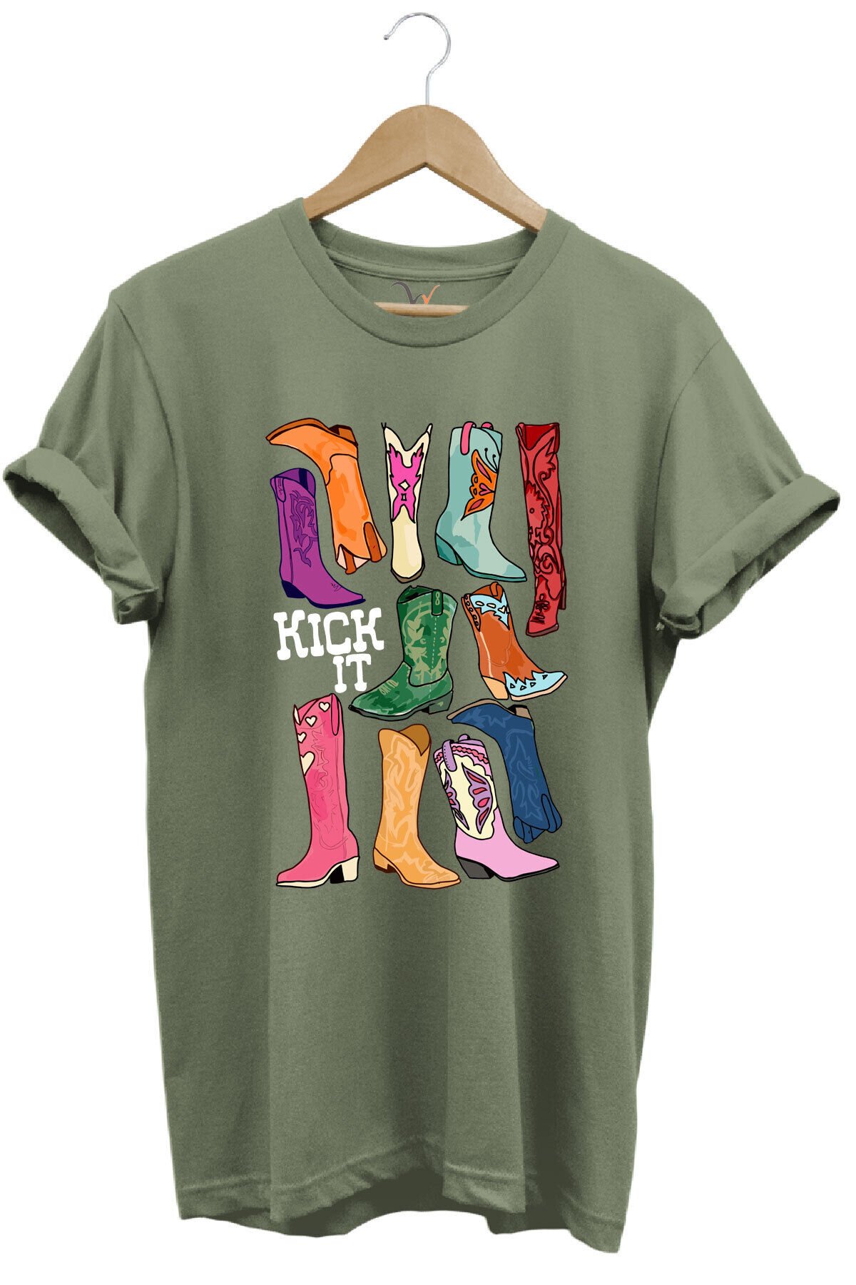 Unisex Cowgirl Kovboy Çizme Baskılı %100 Pamuk Regular Fit Bisiklet Yaka Turuncu T-shirt Haki - XL