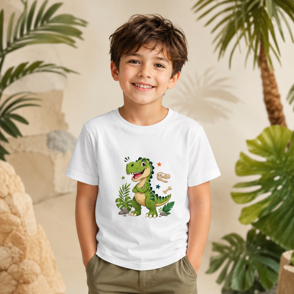 Çocuk Dinozor Baskılı Kısa Kollu Bisiklet Yaka T-Shirt