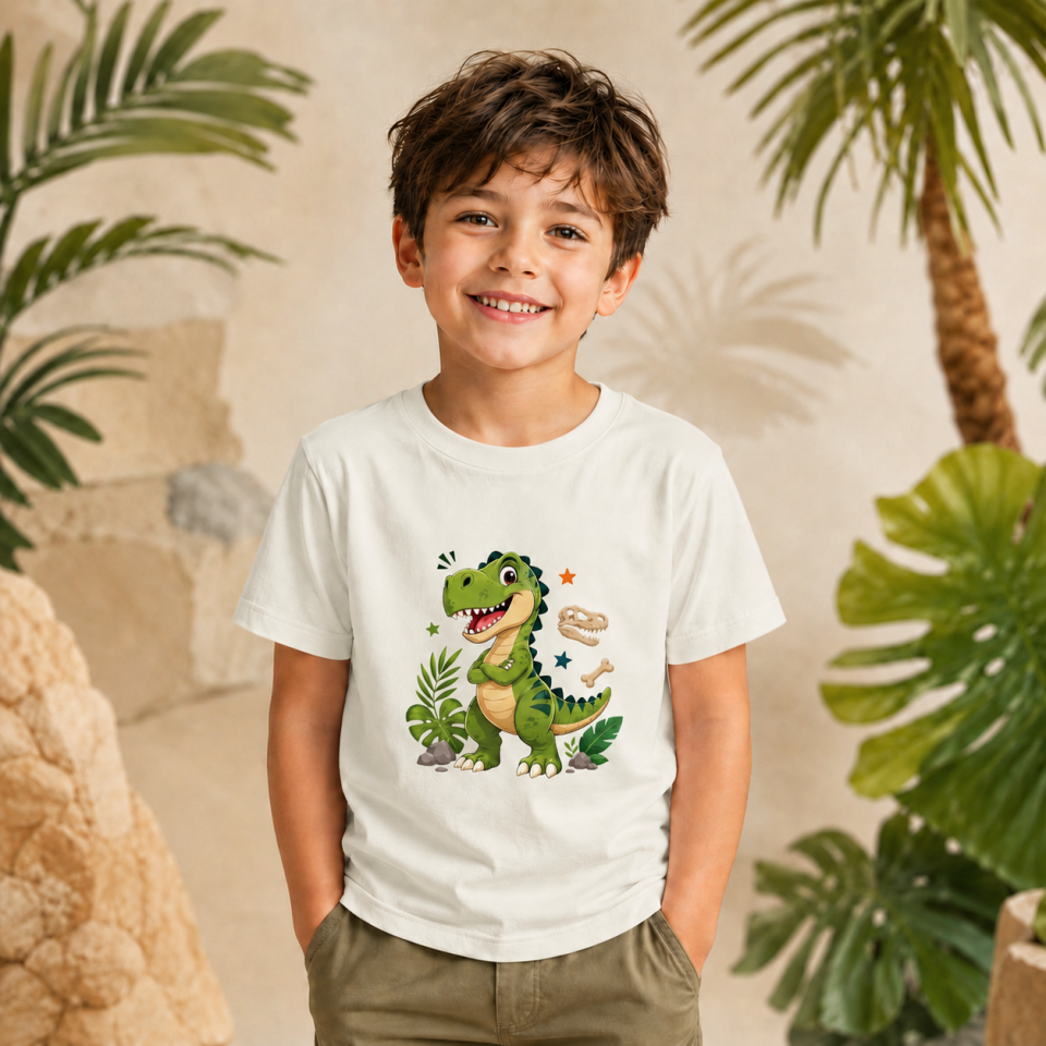 Çocuk Dinozor Baskılı Kısa Kollu Bisiklet Yaka T-Shirt