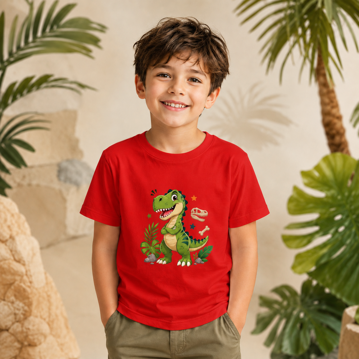 Çocuk Dinozor Baskılı Kısa Kollu Bisiklet Yaka T-Shirt