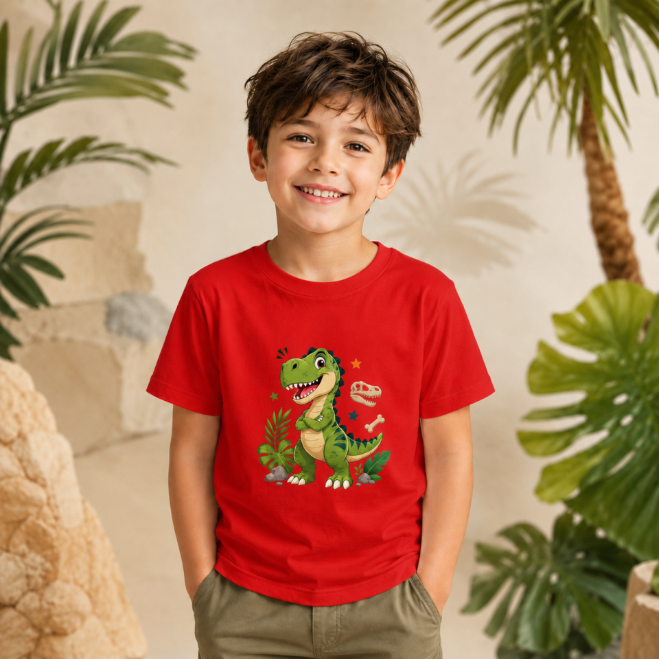 Çocuk Dinozor Baskılı Kısa Kollu Bisiklet Yaka T-Shirt