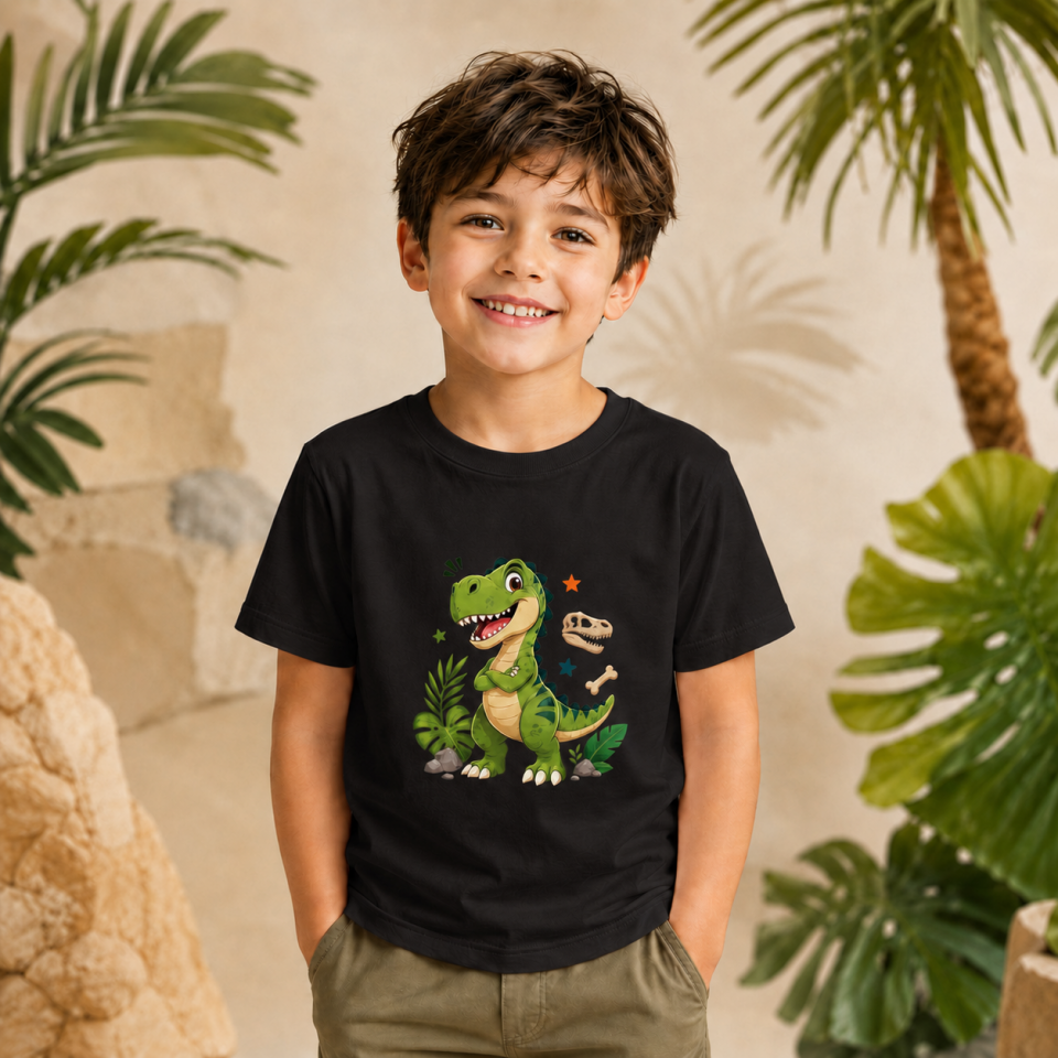 Çocuk Dinozor Baskılı Kısa Kollu Bisiklet Yaka T-Shirt