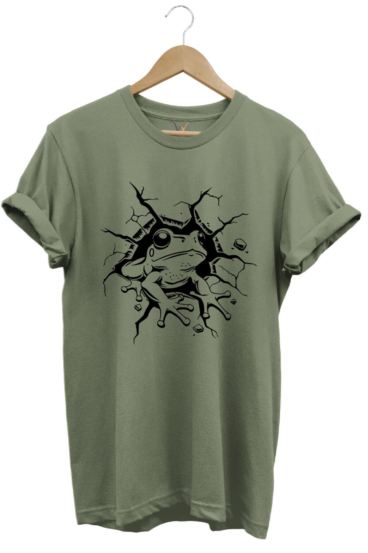 Sevimli Kurbağa Baskılı %100 Pamuk Regular Fit Bisiklet Yaka Haki T-shirt Haki - L