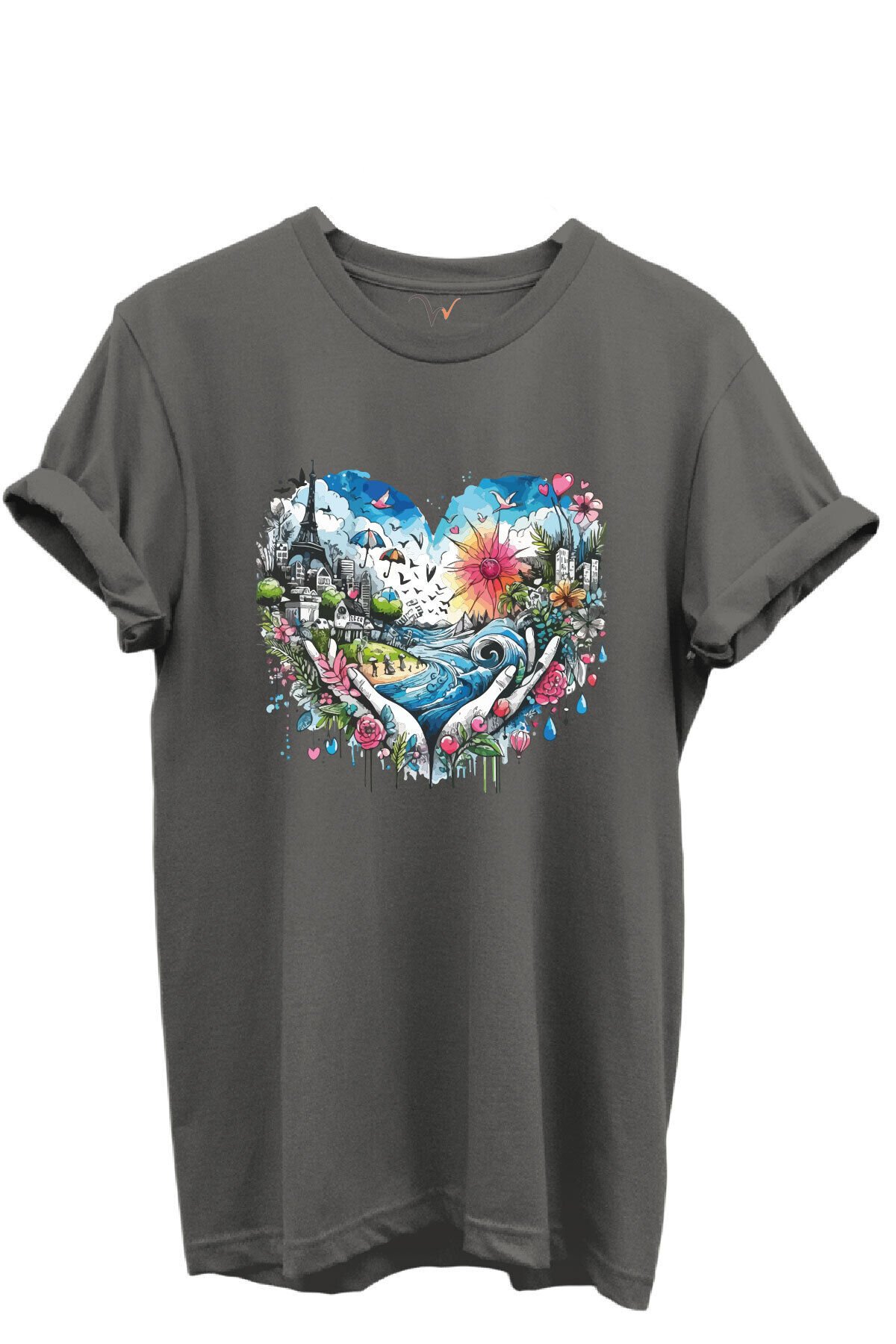 Kalp Şehir Manzaralı Renkli Baskılı %100 Pamuk Regular Fit Unisex T-Shirt