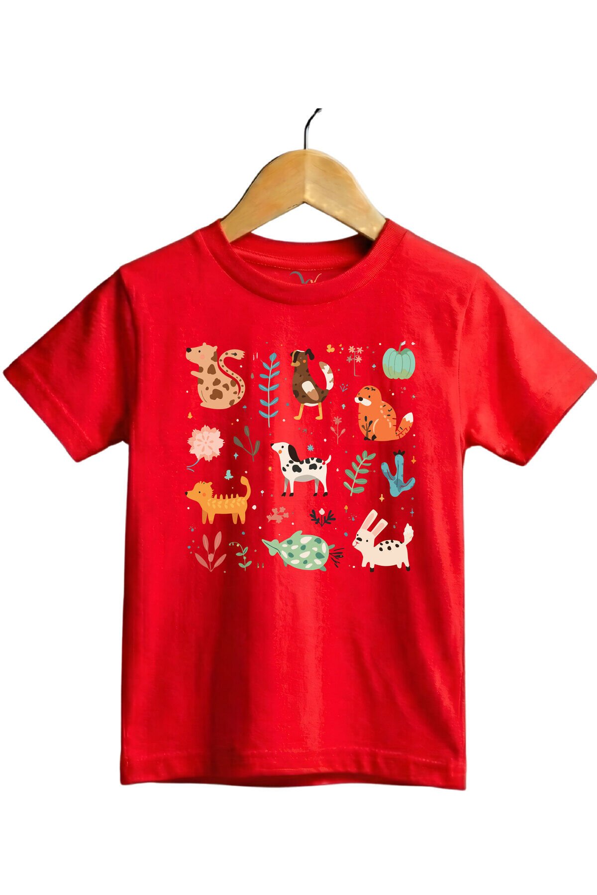 Çizgi Hayvan Figürleri Baskılı Regular Fit %100 Pamuk Kısa Kollu Çocuk T-shirt Kırmızı - 3-4 Yaş