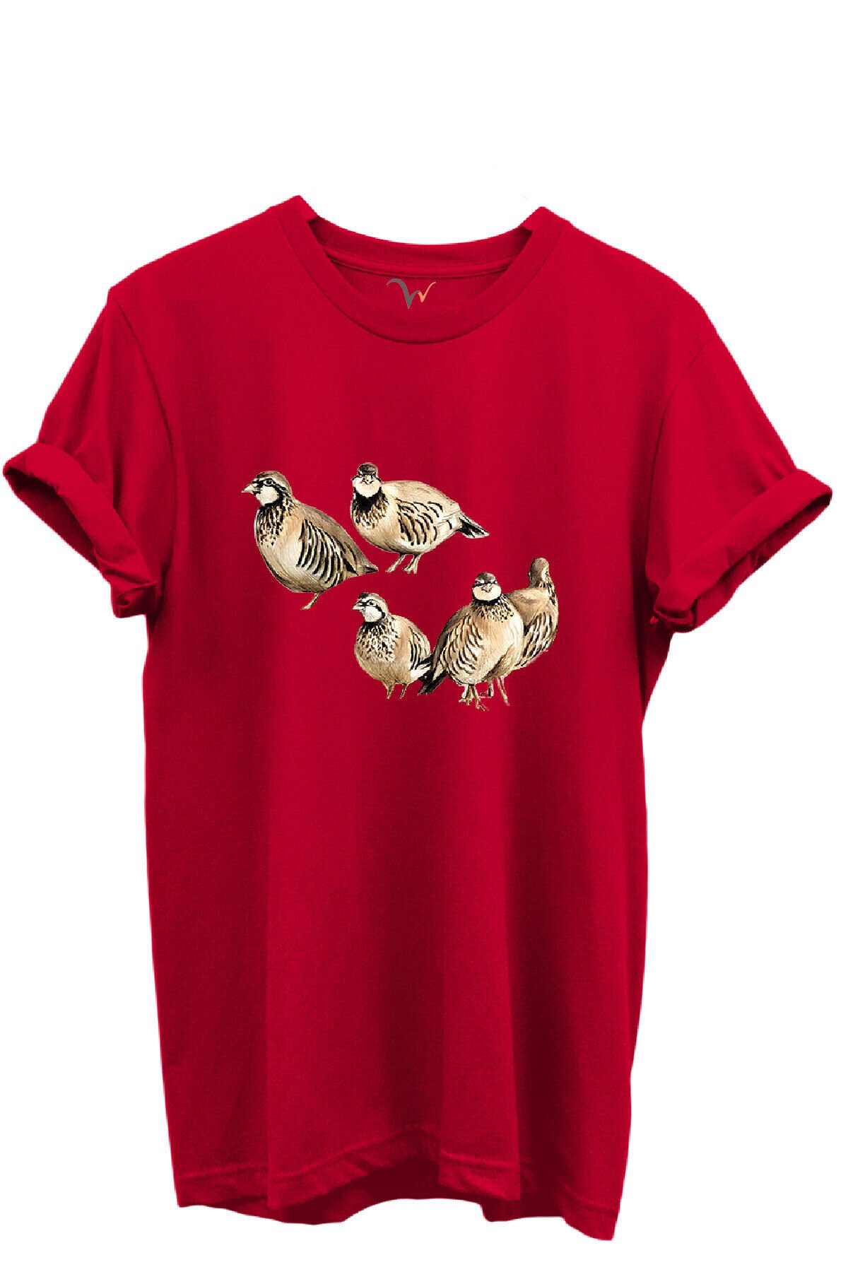 Beşli Keklik Baskılı Doğa ve Av Temalı %100 Pamuk Regular Fit Unisex T-Shirt Kırmızı - M
