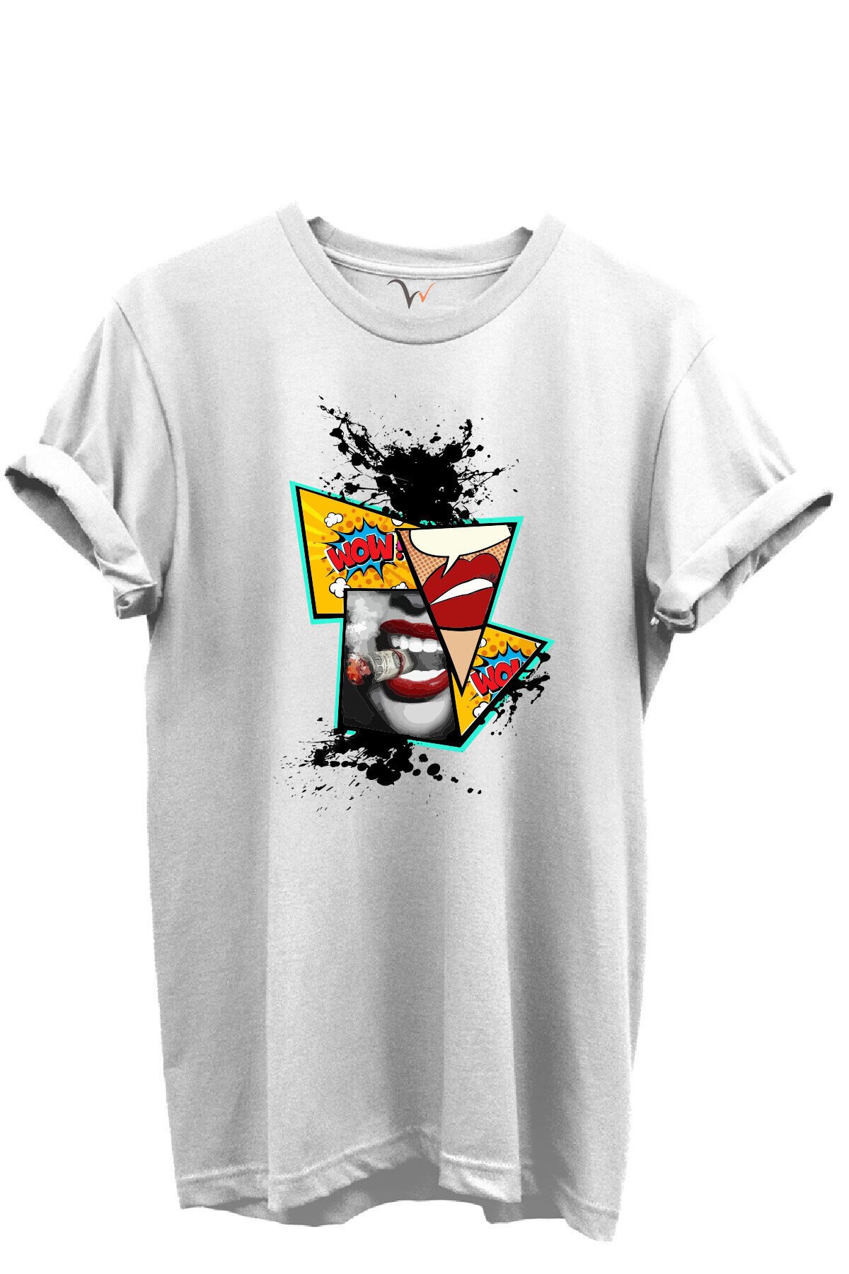 Pop Art Dudak ve Çizgi Roman Baskılı WOW Temalı %100 Pamuk Regular Fit Unisex T-Shirt Beyaz - M