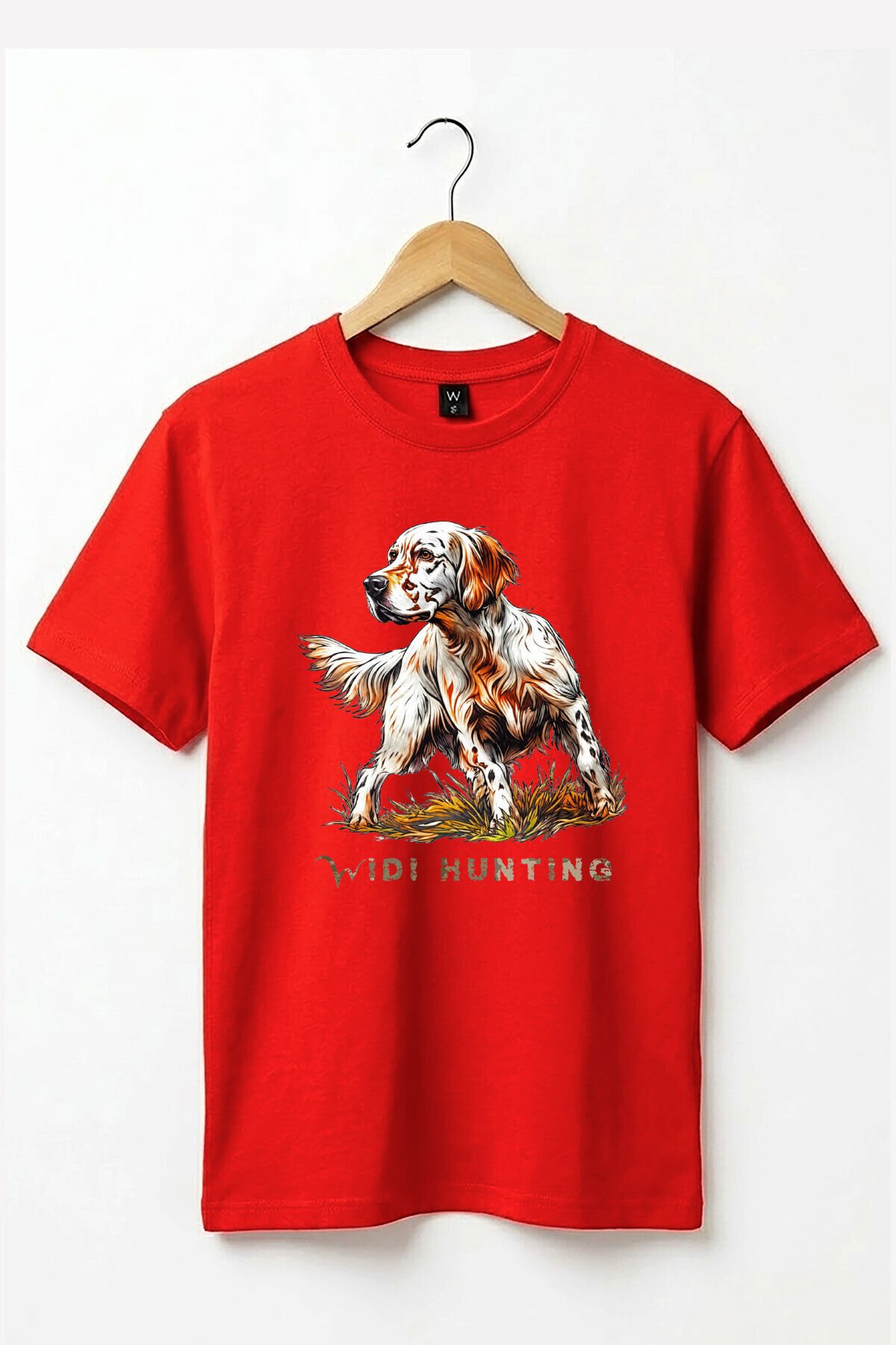 Unisex Hunting English Setter Köpek Baskılı Doğa Temalı Outdoor %100 Pamuk Basic T-Shirt Kırmızı - 3XL
