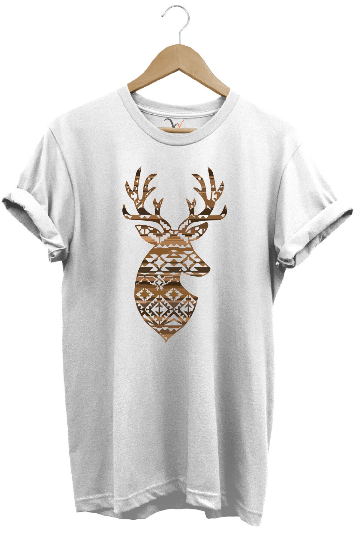 Avcılık Mozaik Desenli Geyik Tasarım Baskılı %100 Pamuk Regular Fit Bisiklet Yaka Premium T-Shirt Beyaz - M