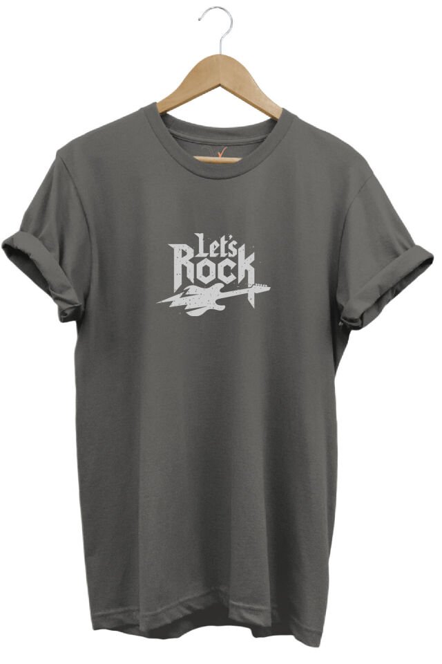 Lets Rock Elektro Gitar Baskılı Festival %100 Pamuk Regular Fit Bisiklet Yaka Mavi T-shirt Gri - XL