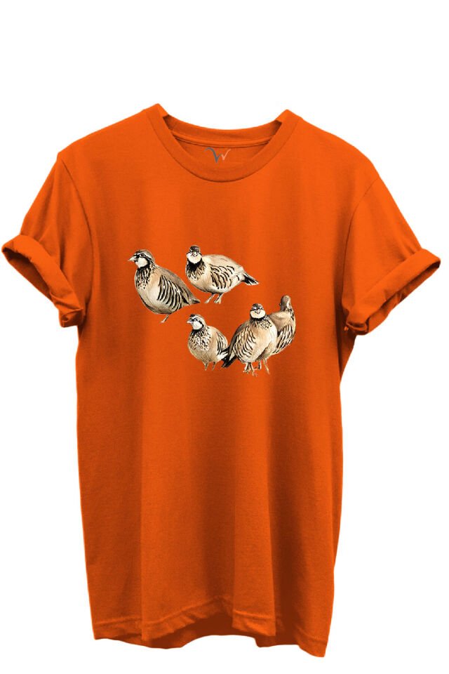 Beşli Keklik Baskılı Doğa ve Av Temalı %100 Pamuk Regular Fit Unisex T-Shirt Turuncu - L