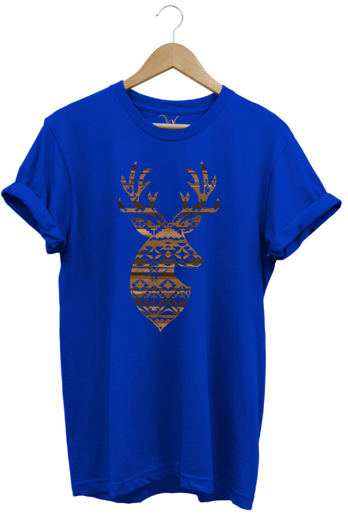 Avcılık Mozaik Desenli Geyik Tasarım Baskılı %100 Pamuk Regular Fit Bisiklet Yaka Premium T-Shirt Mavi - 3XL