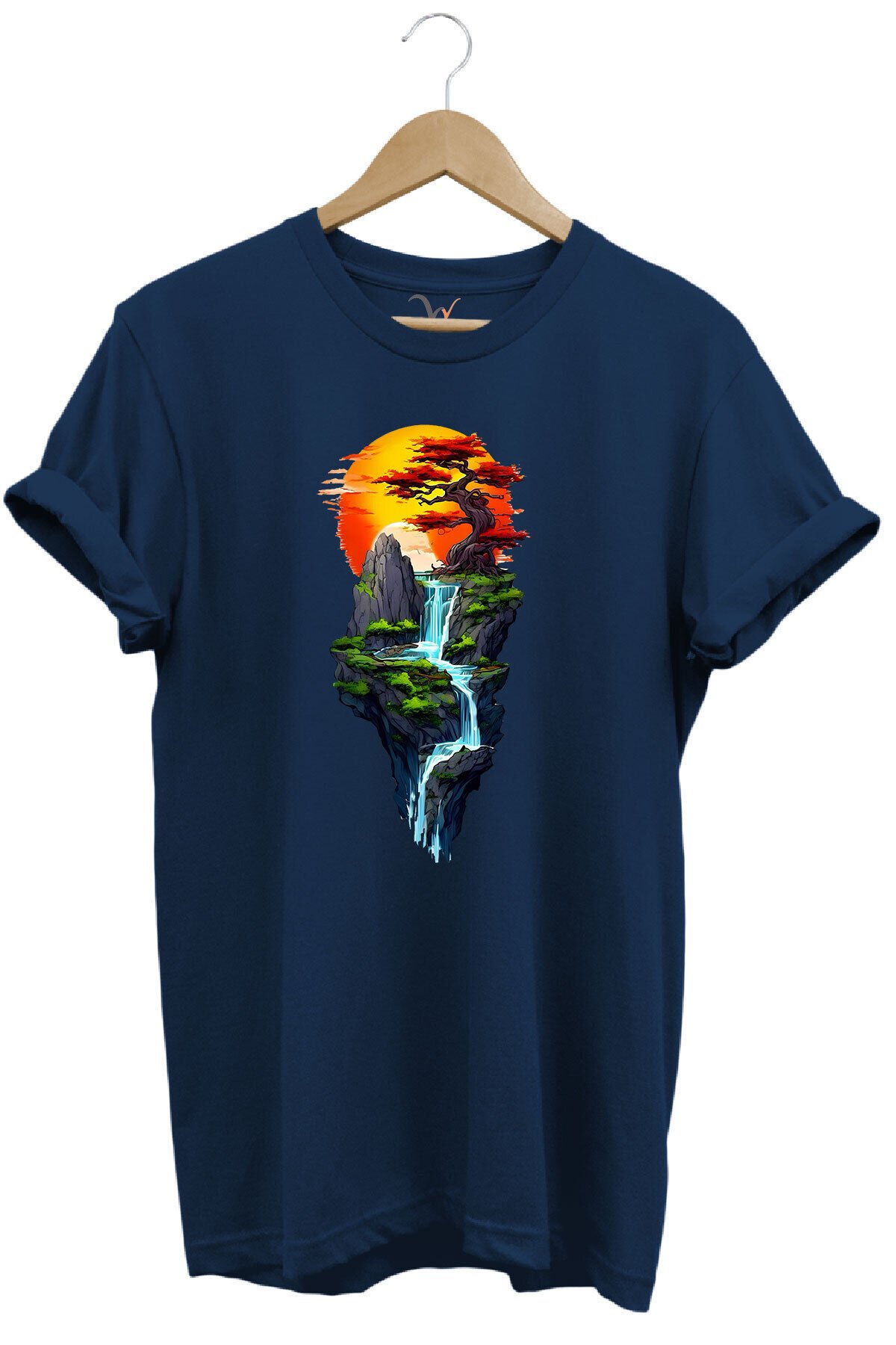 Manzara Ağaç Güneş Dağ Ve Nehir Baskılı %100 Pamuk Regular Fit Bisiklet Yaka Haki T-shirt Lacivert - S