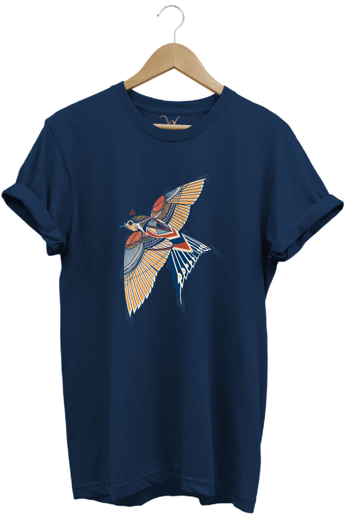 Kırlangıç Kuşu Dekoratif Baskılı %100 Pamuk Regular Fit Unisex T-Shirt Lacivert - L